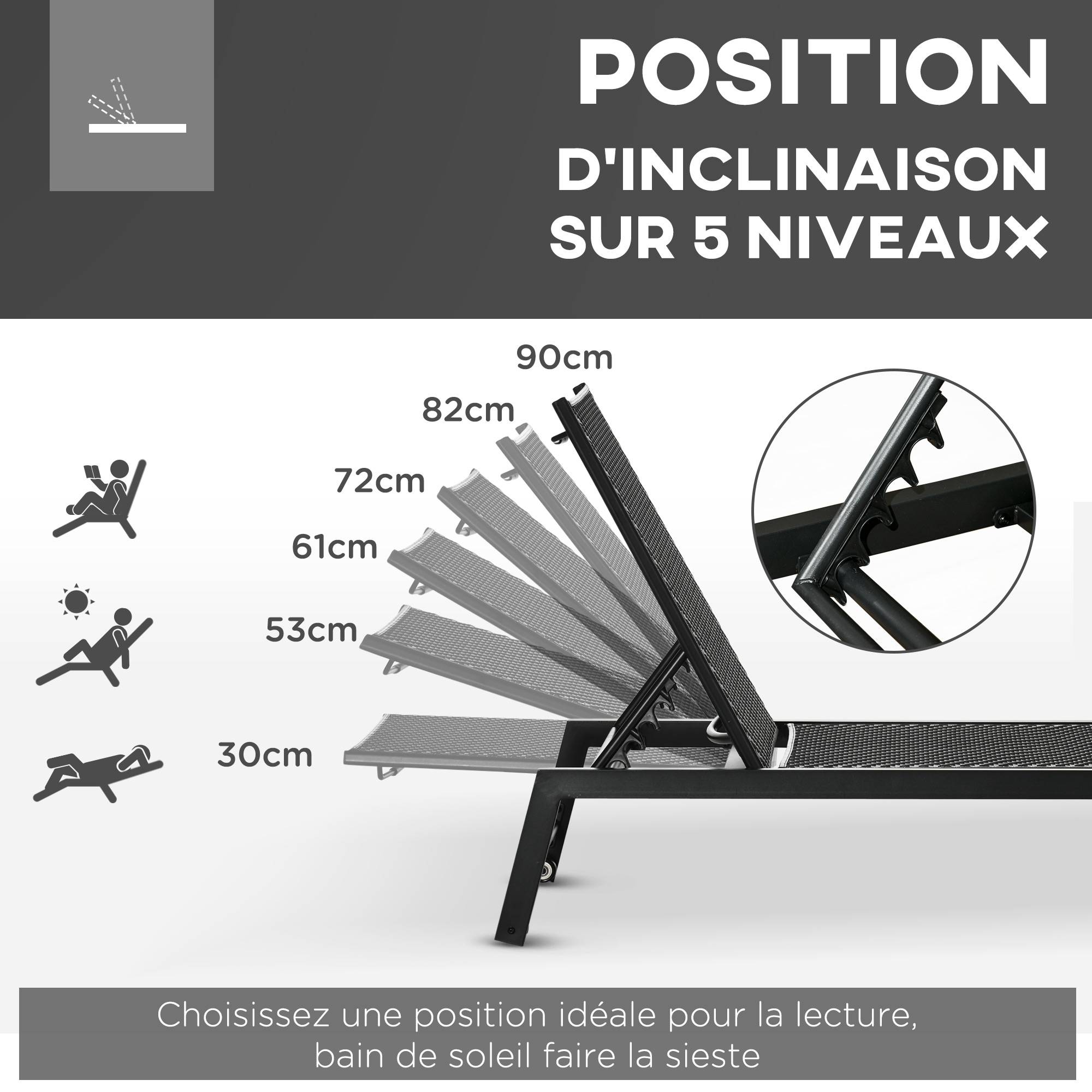Outsunny - Bain de soleil transat grand confort - dossier inclinable 5 positions roulettes - châssis alu. résine tressée noire - Outsunny - Image 5