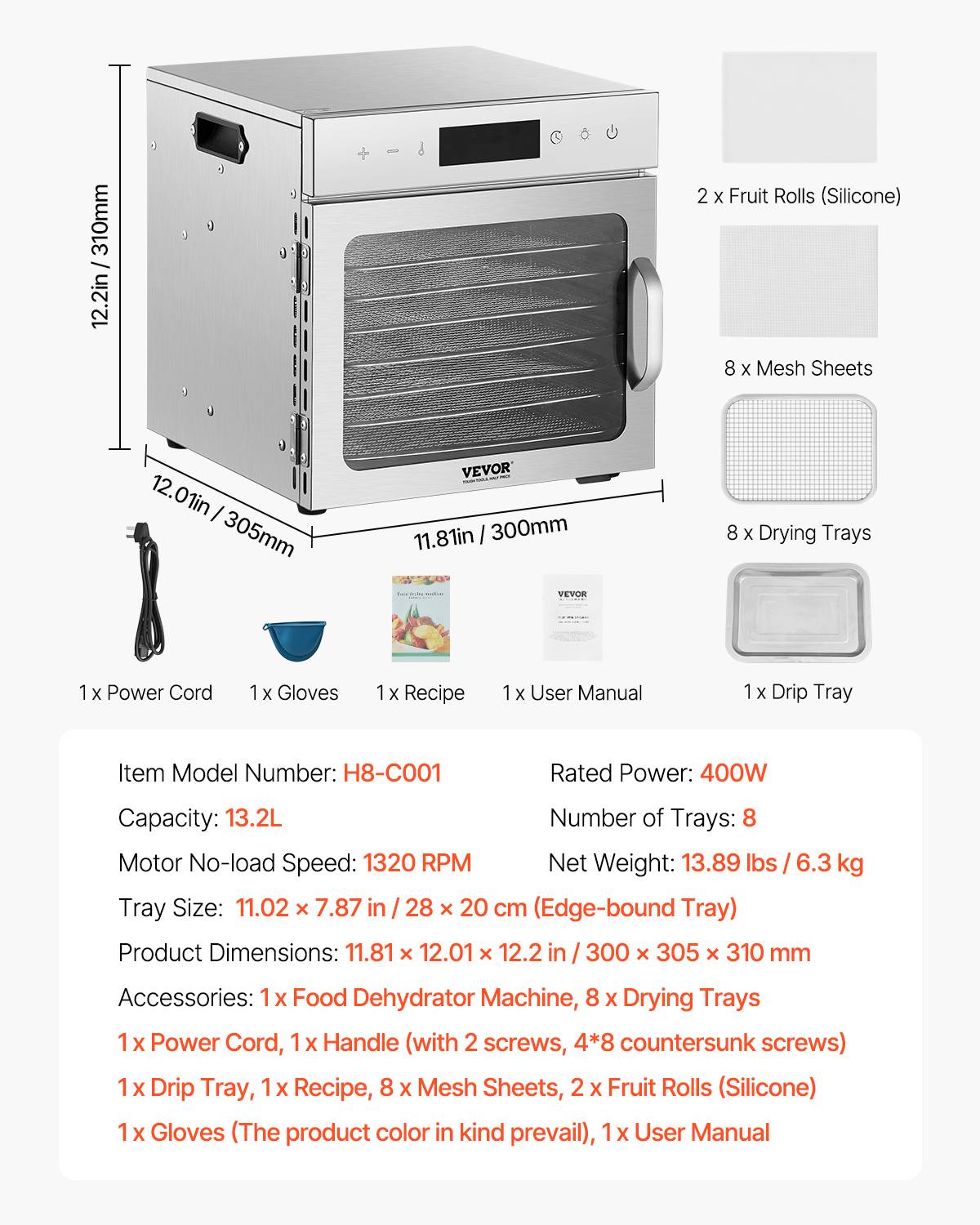 VEVOR Déshydrateur alimentaire 8 plateaux inox 400W, température/minuterie réglables, pour viande/fruits. - Image 7