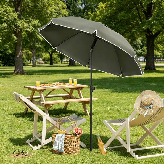 Parasol de Plage Inclinable Anti-UV Mât Métal Hauteur Réglable Portable Ø135cm Gris - ComfortXL Outdoor Living - Image 8