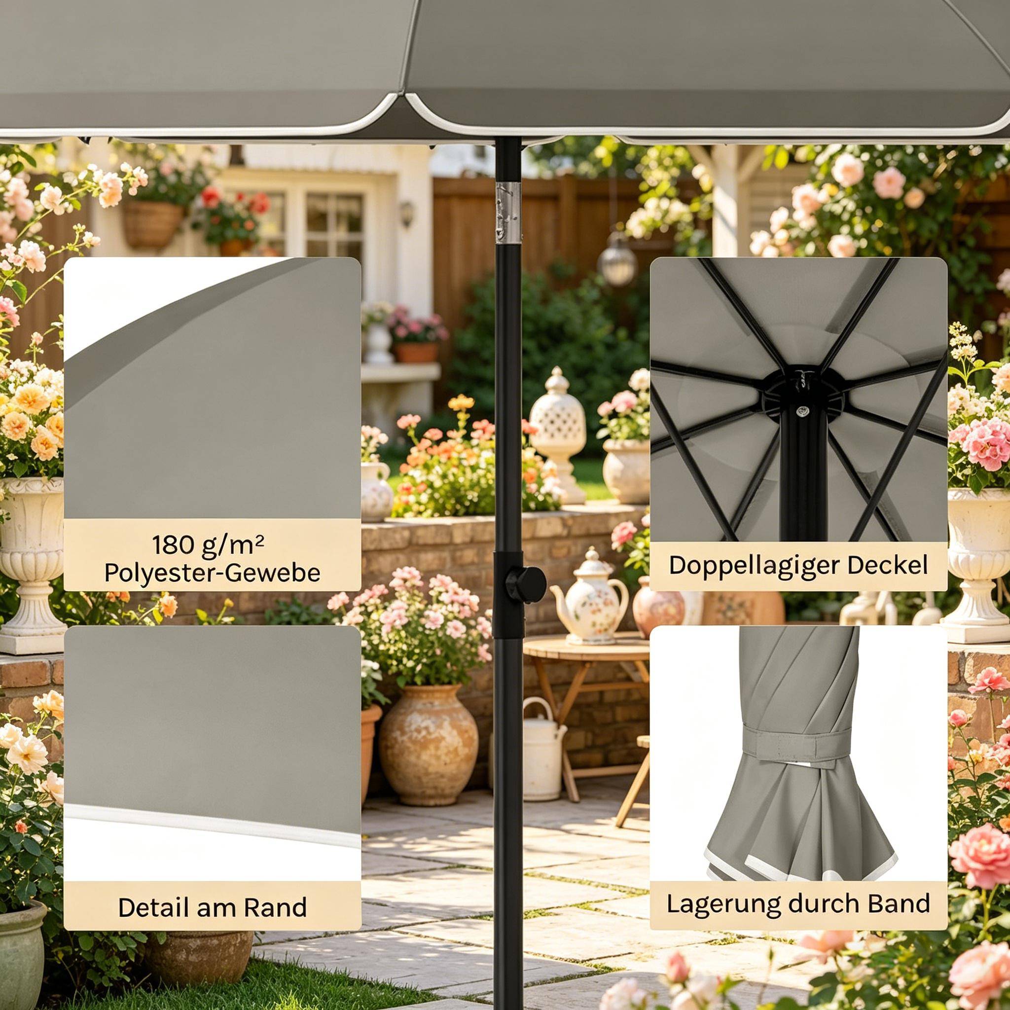 Parasol de Plage Inclinable Anti-UV Mât Métal Hauteur Réglable Portable Ø135cm Gris - ComfortXL Outdoor Living - Image 2