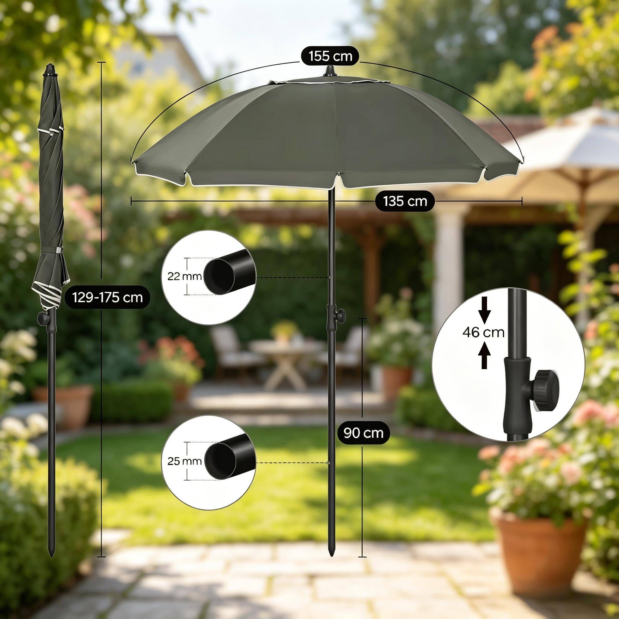 Parasol de Plage Inclinable Anti-UV Mât Métal Hauteur Réglable Portable Ø135cm Gris - ComfortXL Outdoor Living - Image 6