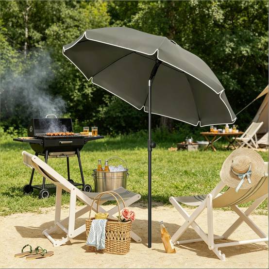 Parasol de Plage Inclinable Anti-UV Mât Métal Hauteur Réglable Portable Ø135cm Gris - ComfortXL Outdoor Living - Image 1