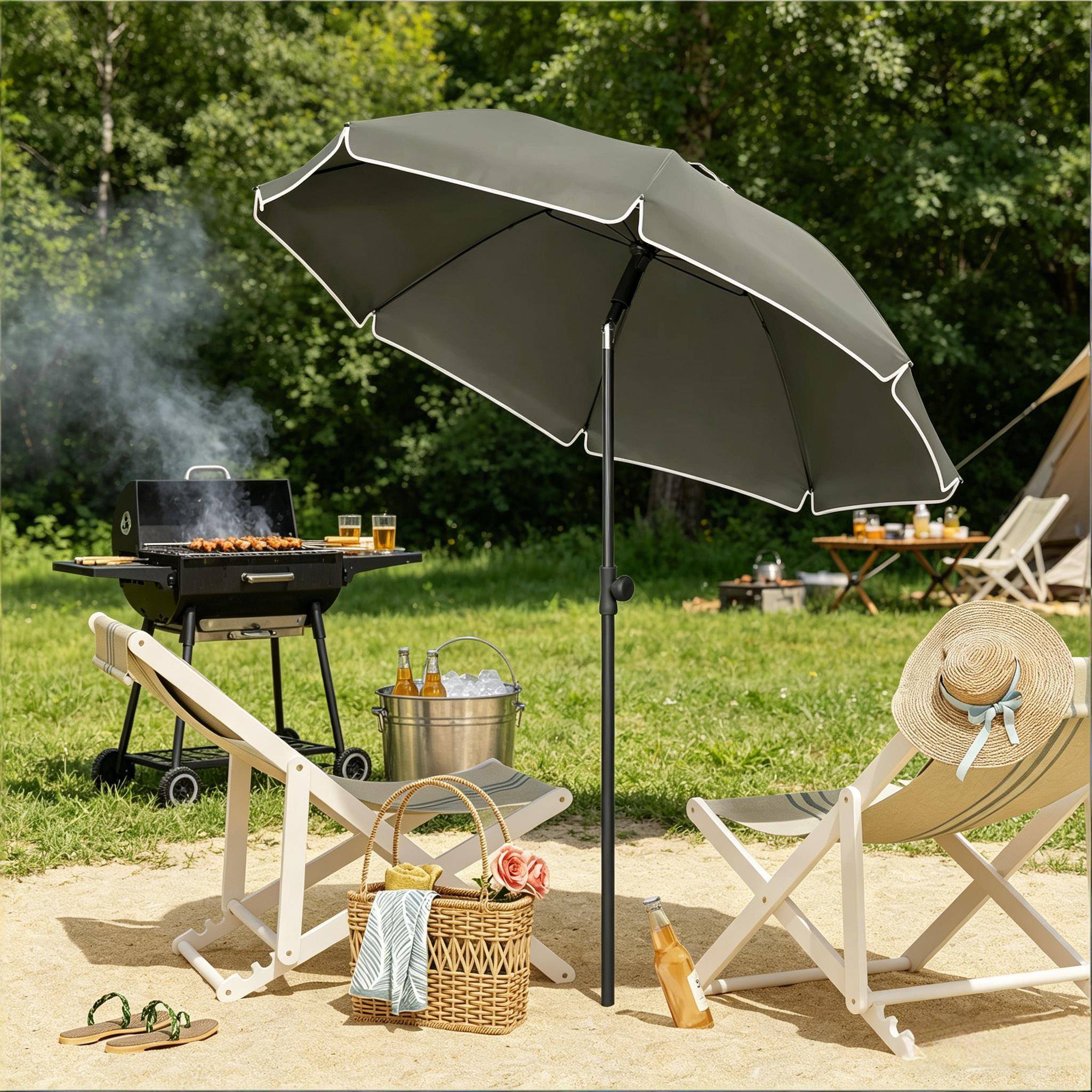 Parasol de Plage Inclinable Anti-UV Mât Métal Hauteur Réglable Portable Ø135cm Gris - ComfortXL Outdoor Living - Image 1