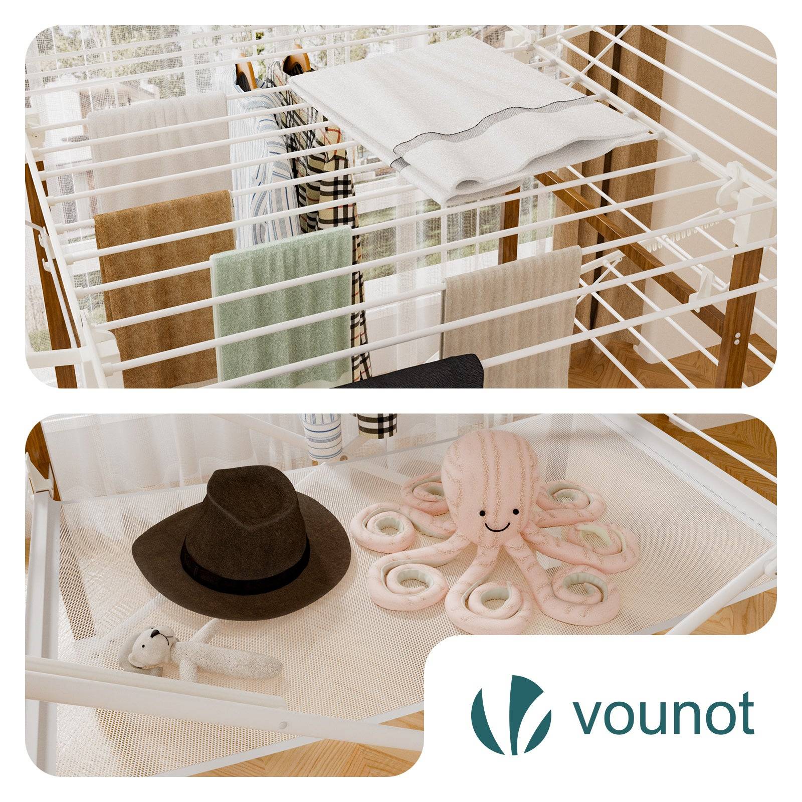 Vounot - Étendoir à linge pliable 173x94x123cm, Séchoir grande capacité avec roulettes et maille, 30m d’étendage, Blanc effet bois, VOUNOT® - Image 4