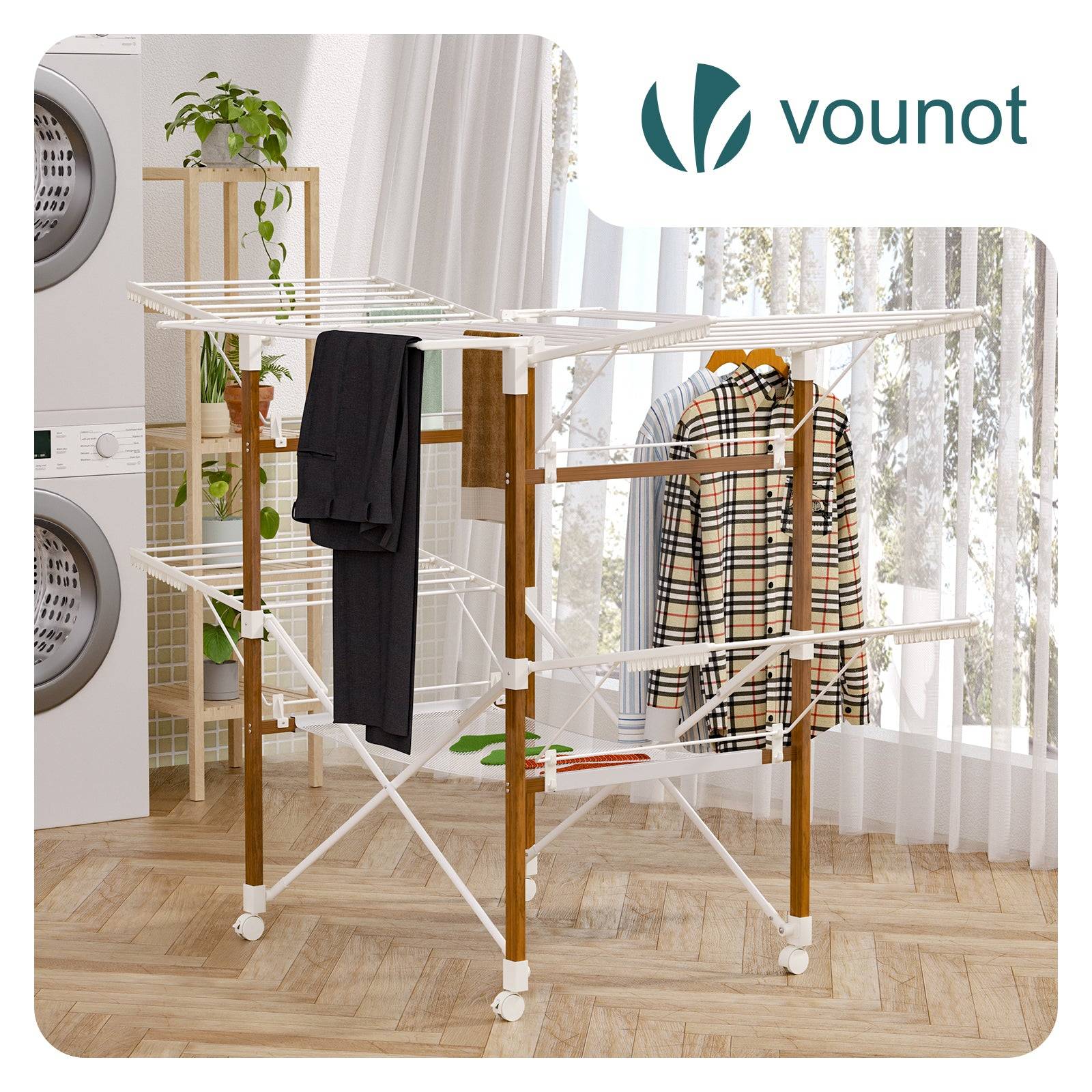 Vounot - Étendoir à linge pliable 173x94x123cm, Séchoir grande capacité avec roulettes et maille, 30m d’étendage, Blanc effet bois, VOUNOT® - Image 2
