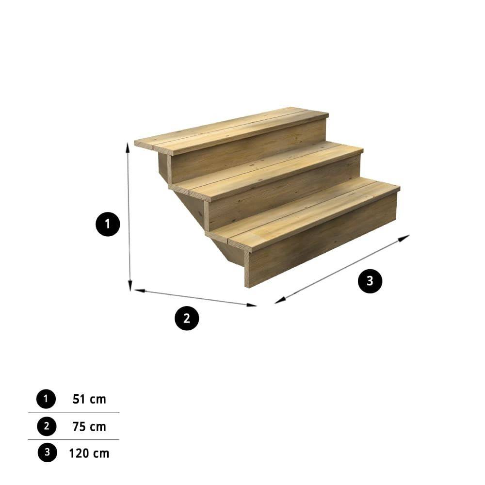 Escalier Bois Exterieur - 3 Marches Pleines - Largeur : 1m20 - Hauteur : 51cm - Avec Contremarches - Pin du Nord - Image 3
