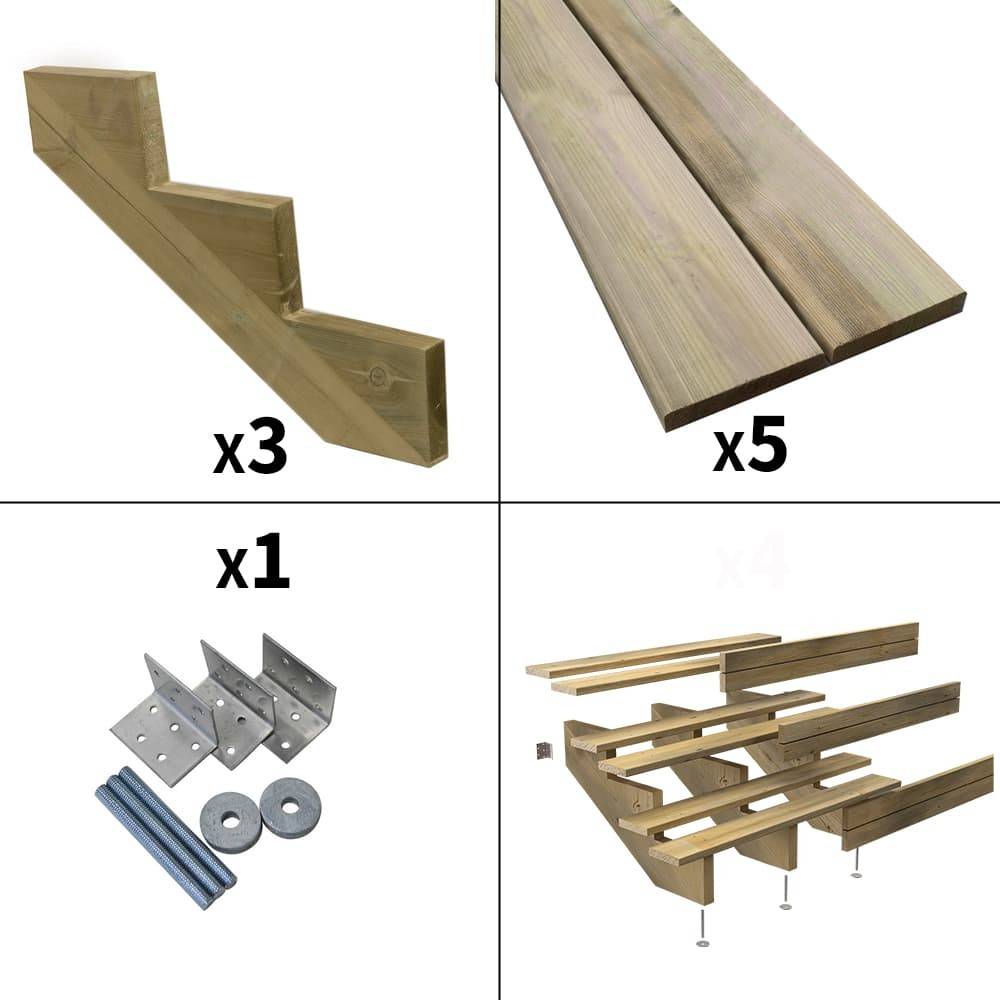 Escalier Bois Exterieur - 3 Marches Pleines - Largeur : 1m20 - Hauteur : 51cm - Avec Contremarches - Pin du Nord - Image 2