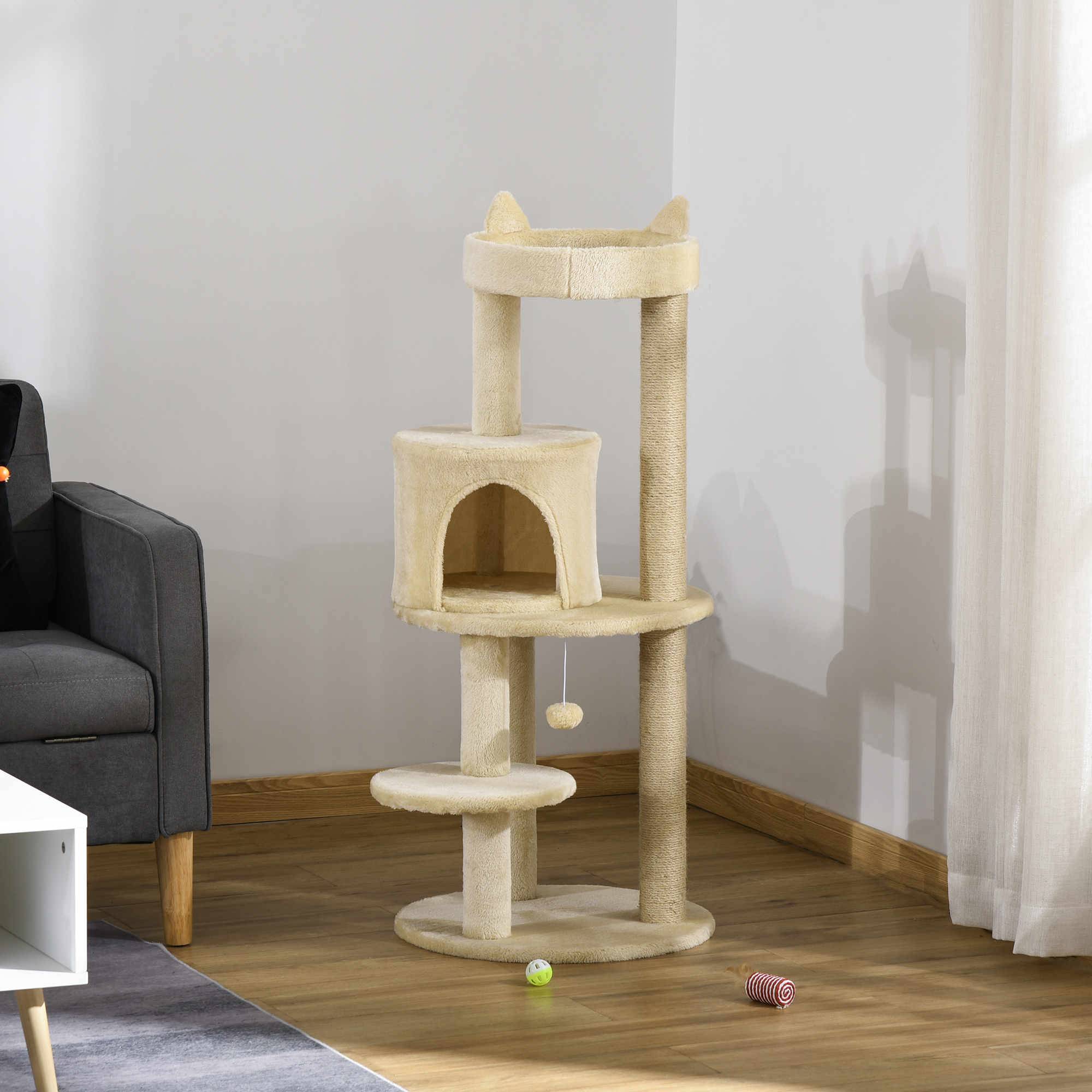 Arbre à chat 104 cm, avec plateformes, abri, poteaux en sisal et balle, 48 x 48 x 104 cm, couleur crème - Image 10