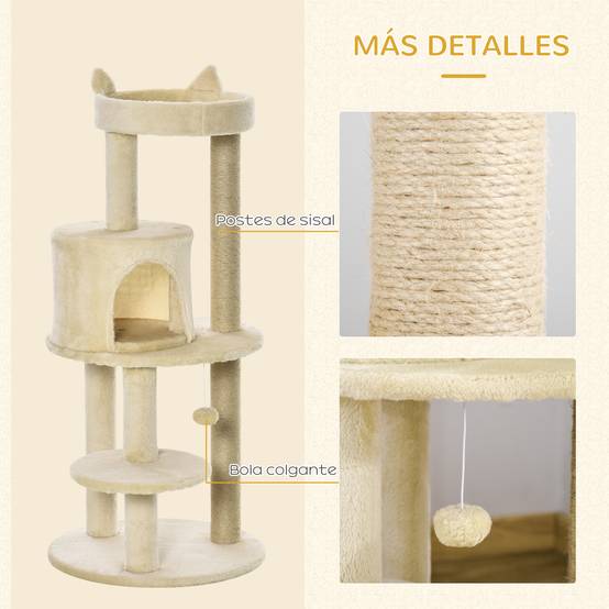 Arbre à chat 104 cm, avec plateformes, abri, poteaux en sisal et balle, 48 x 48 x 104 cm, couleur crème - Image 7