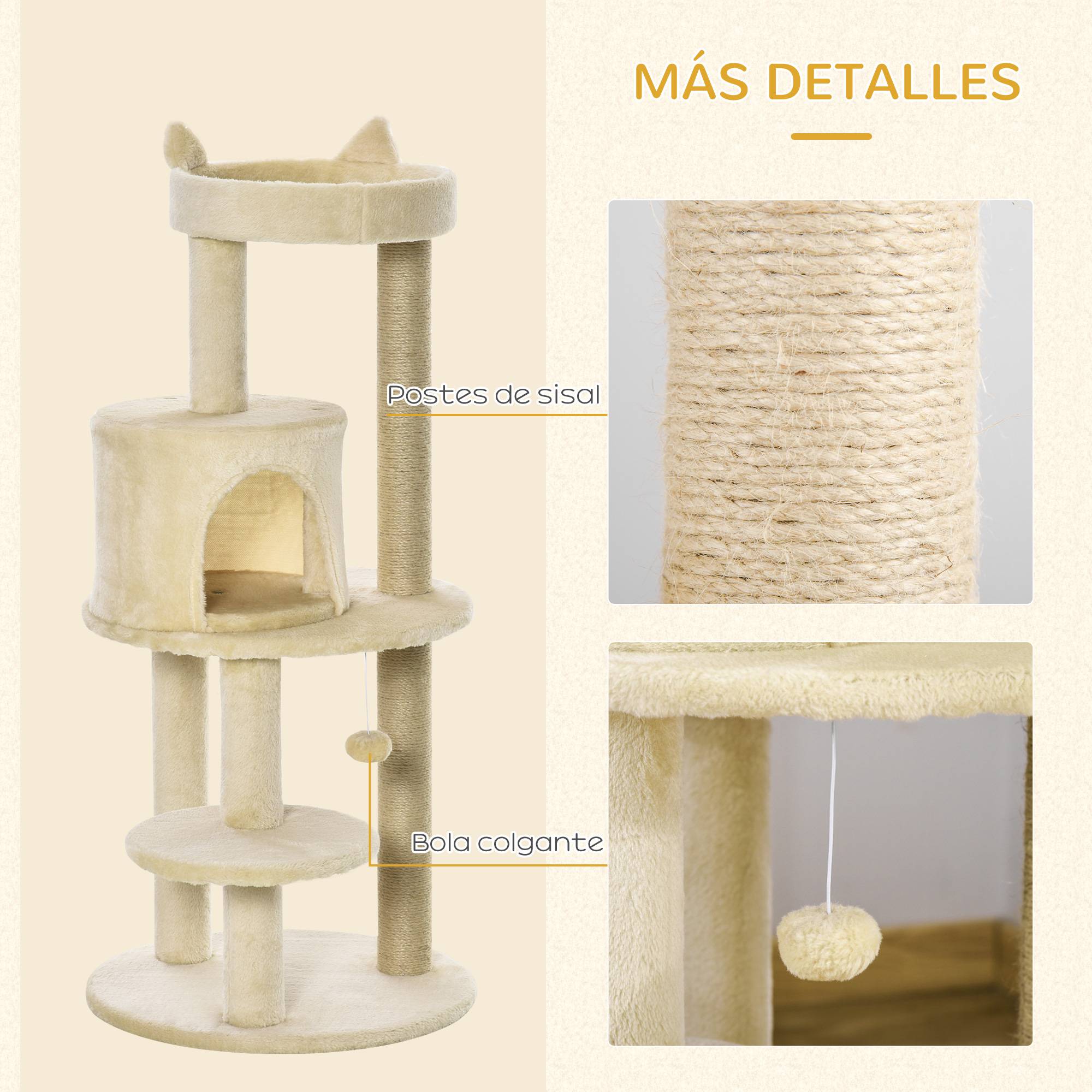 Arbre à chat 104 cm, avec plateformes, abri, poteaux en sisal et balle, 48 x 48 x 104 cm, couleur crème - Image 7