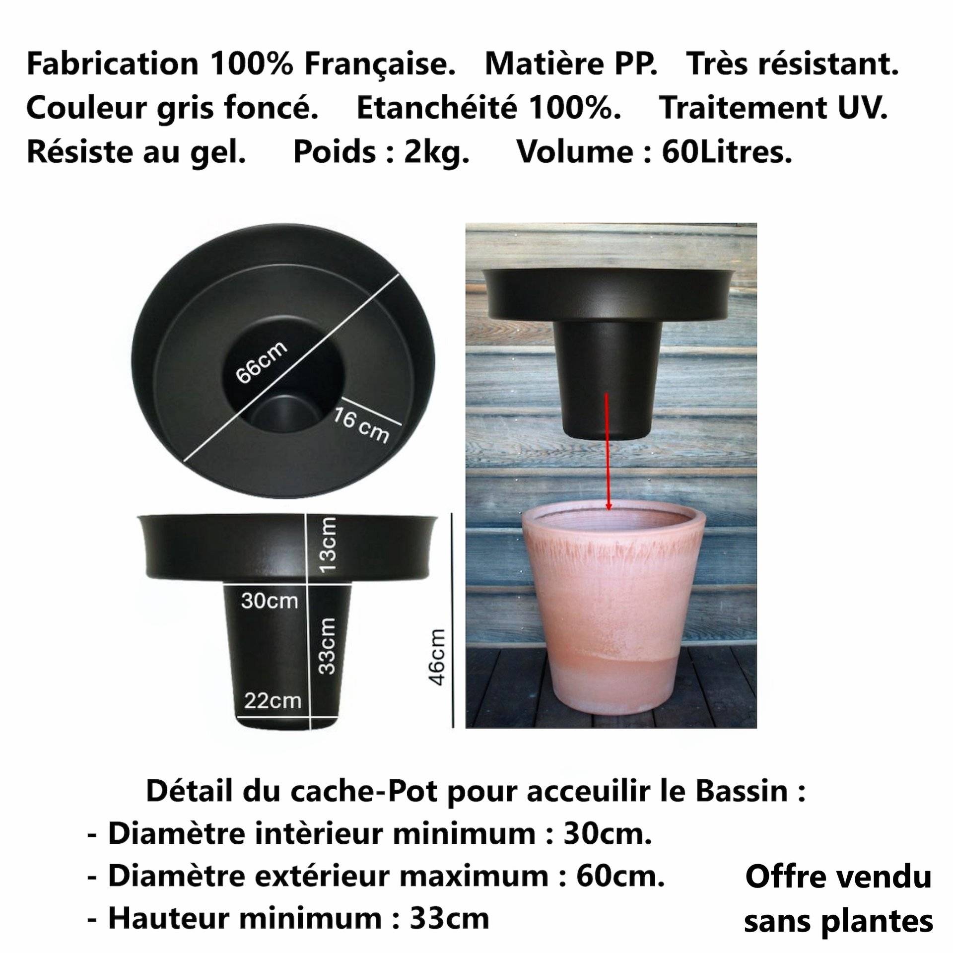 Pack Bassin de Terrasse, 60Litres  avec Accessoires + Oxygénateur 220V- sans plantes.Produit Médaillé d'Argent - Image 4