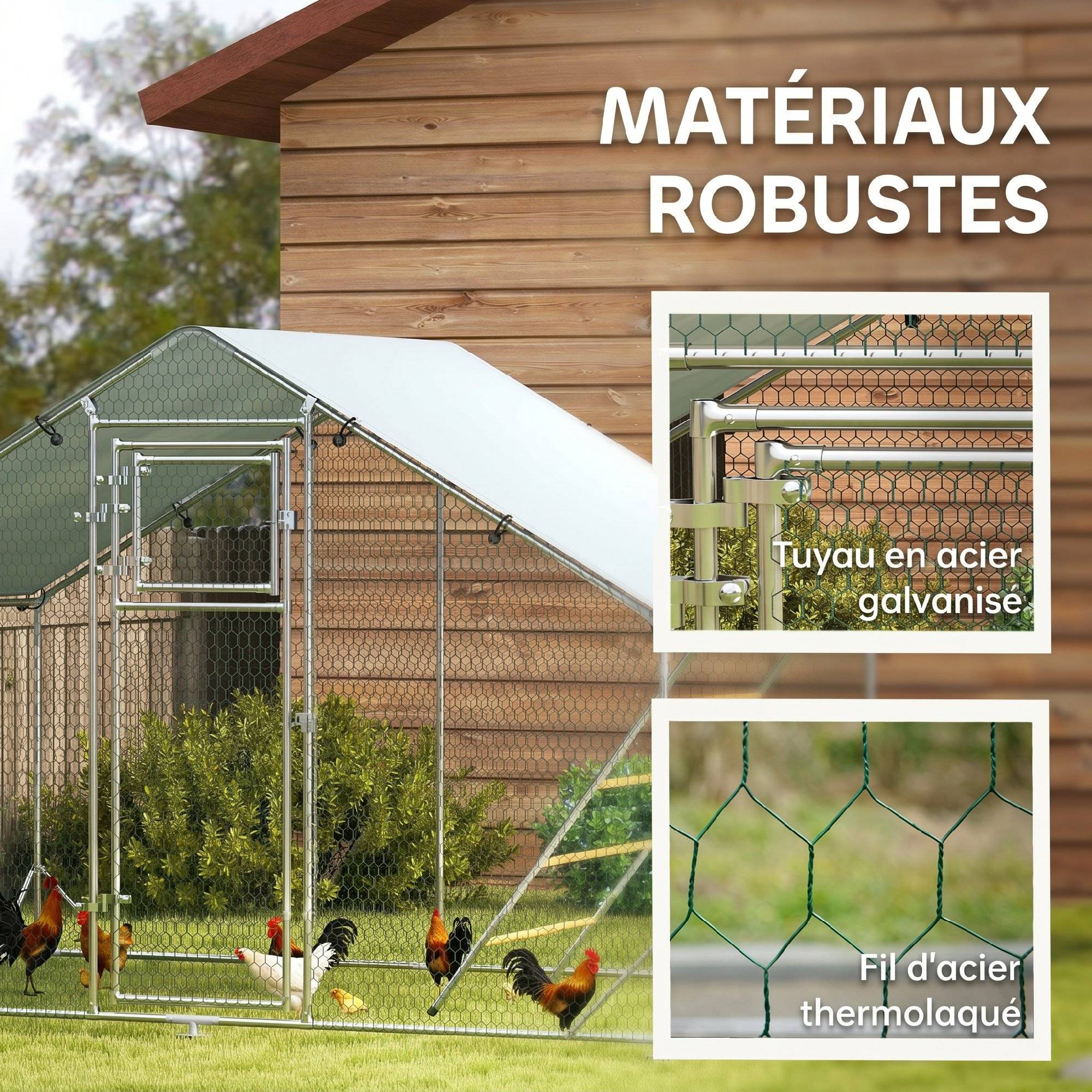 Parc grillagé extérieur acier galvanisé 6m² 6-8 poules bâche anti-UV 300x200x195cm argent - ComfortXL Outdoor Living - Image 10