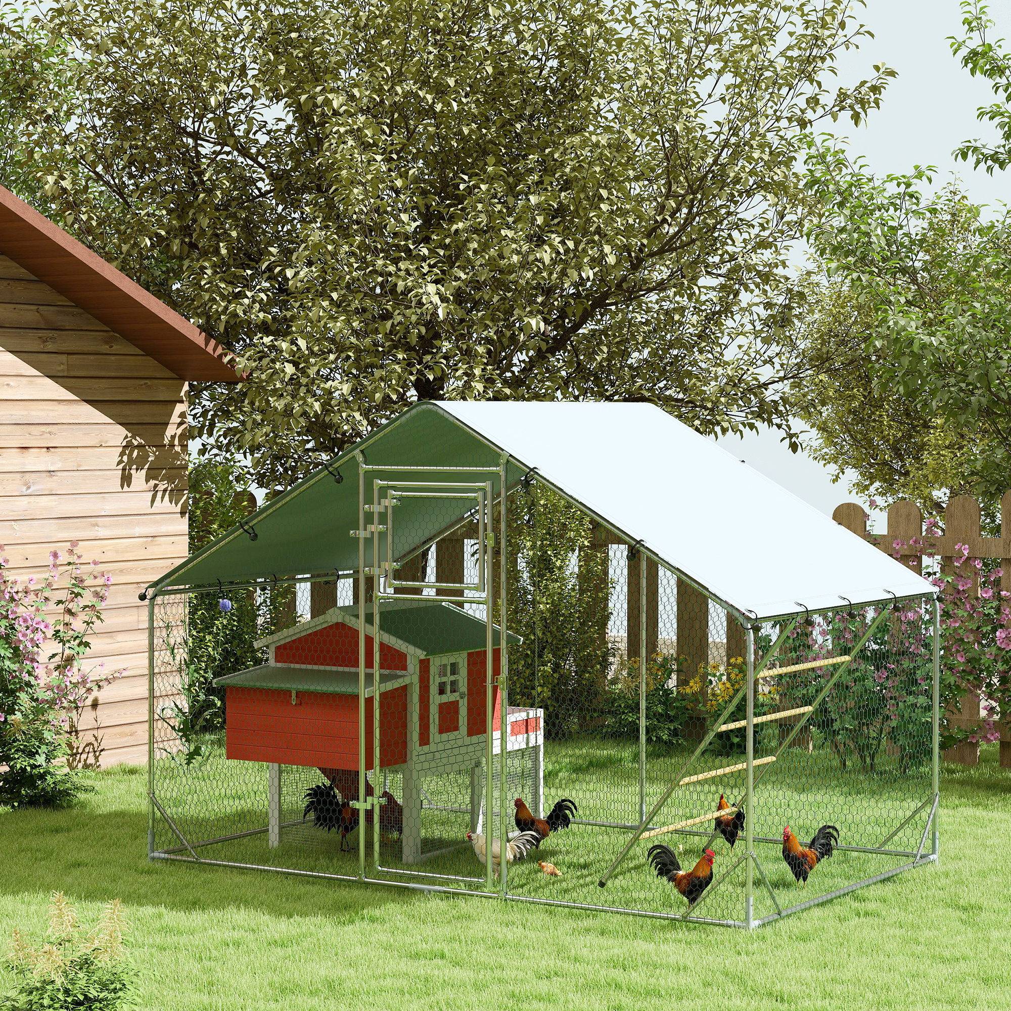 Parc grillagé extérieur acier galvanisé 6m² 6-8 poules bâche anti-UV 300x200x195cm argent - ComfortXL Outdoor Living - Image 3