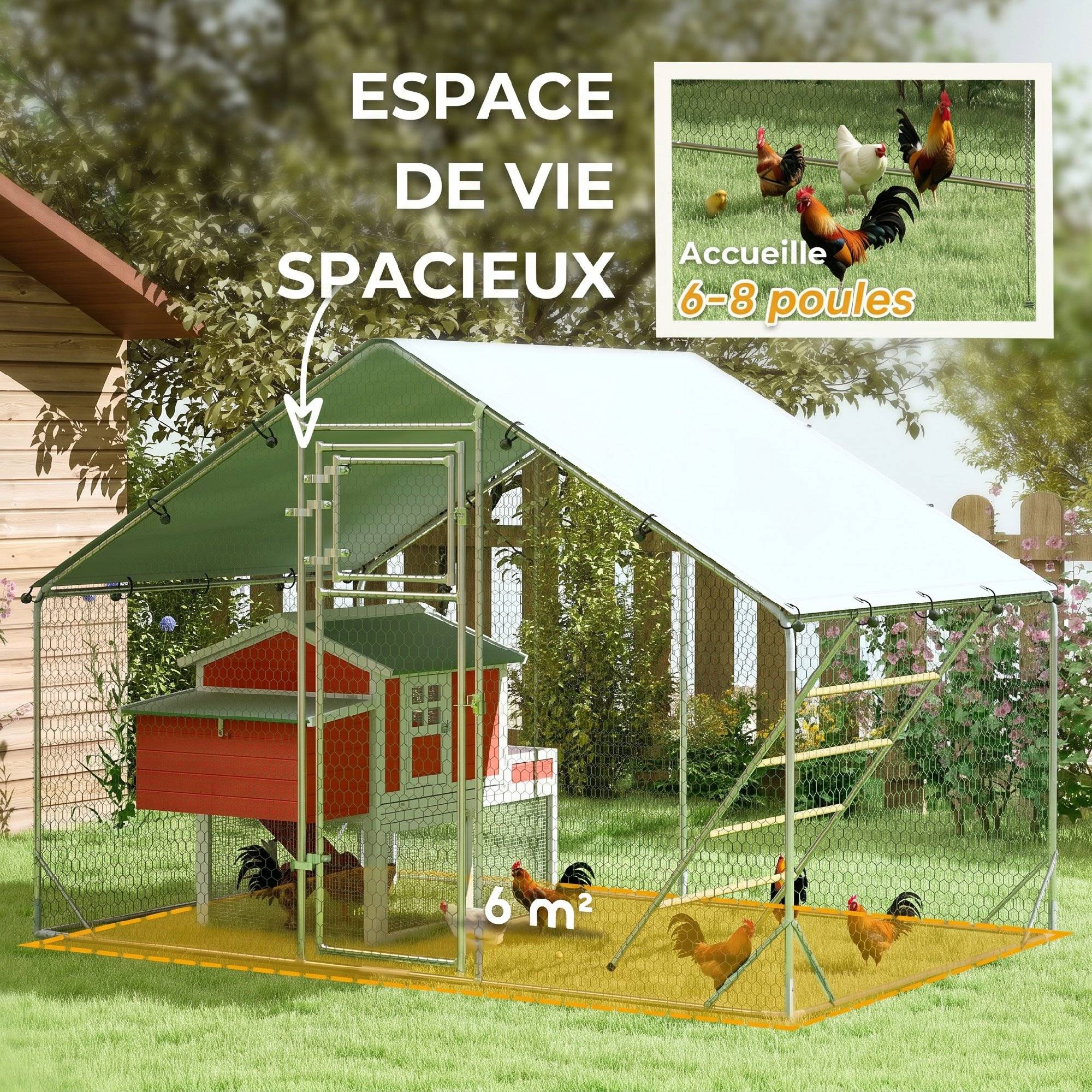Parc grillagé extérieur acier galvanisé 6m² 6-8 poules bâche anti-UV 300x200x195cm argent - ComfortXL Outdoor Living - Image 6
