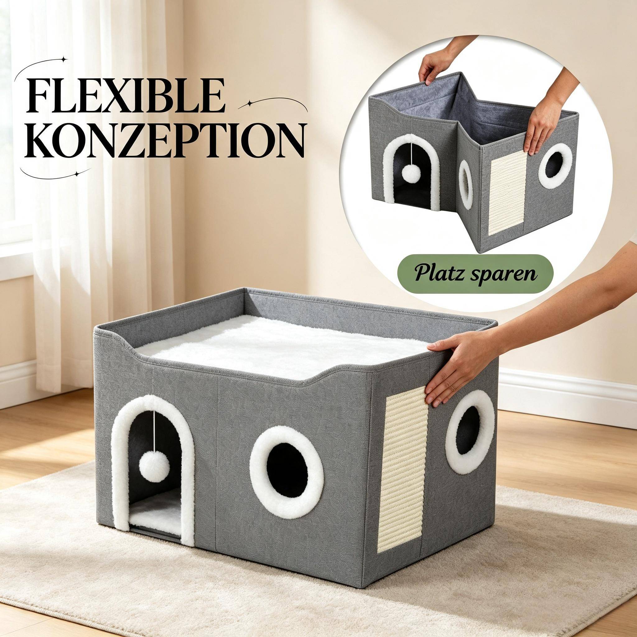 Grotte pliable pour chat d’intérieur, maison avec planche à griffer, lit surélevé, plusieurs entrées, jouet suspendu, coussin réversible - Image 3