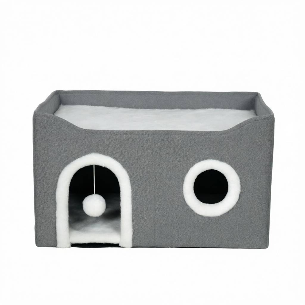Grotte pliable pour chat d’intérieur, maison avec planche à griffer, lit surélevé, plusieurs entrées, jouet suspendu, coussin réversible - Image 5
