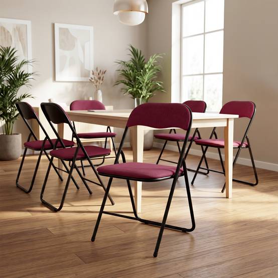 Sicaan Lot de 6 chaises pliantes rembourrées en tissu bordeaux et pieds métal noir - GRETA - Image 1