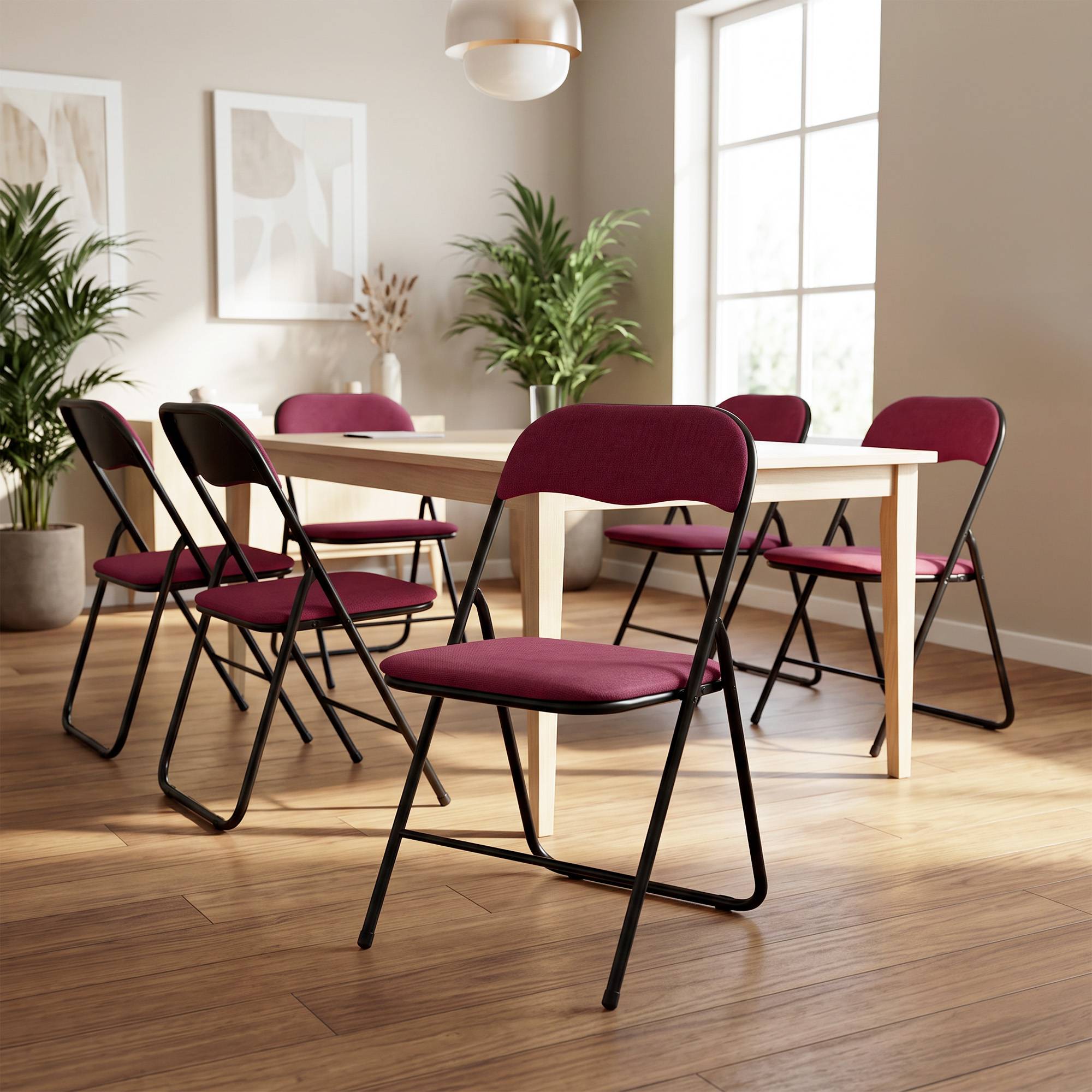 Sicaan Lot de 6 chaises pliantes rembourrées en tissu bordeaux et pieds métal noir - GRETA