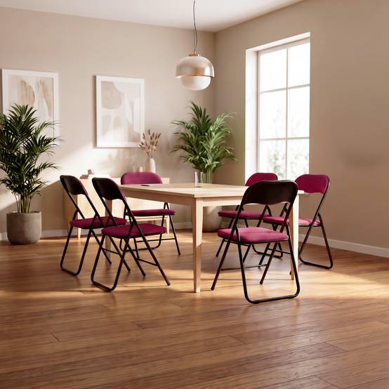 Sicaan Lot de 6 chaises pliantes rembourrées en tissu bordeaux et pieds métal noir - GRETA - Image 6