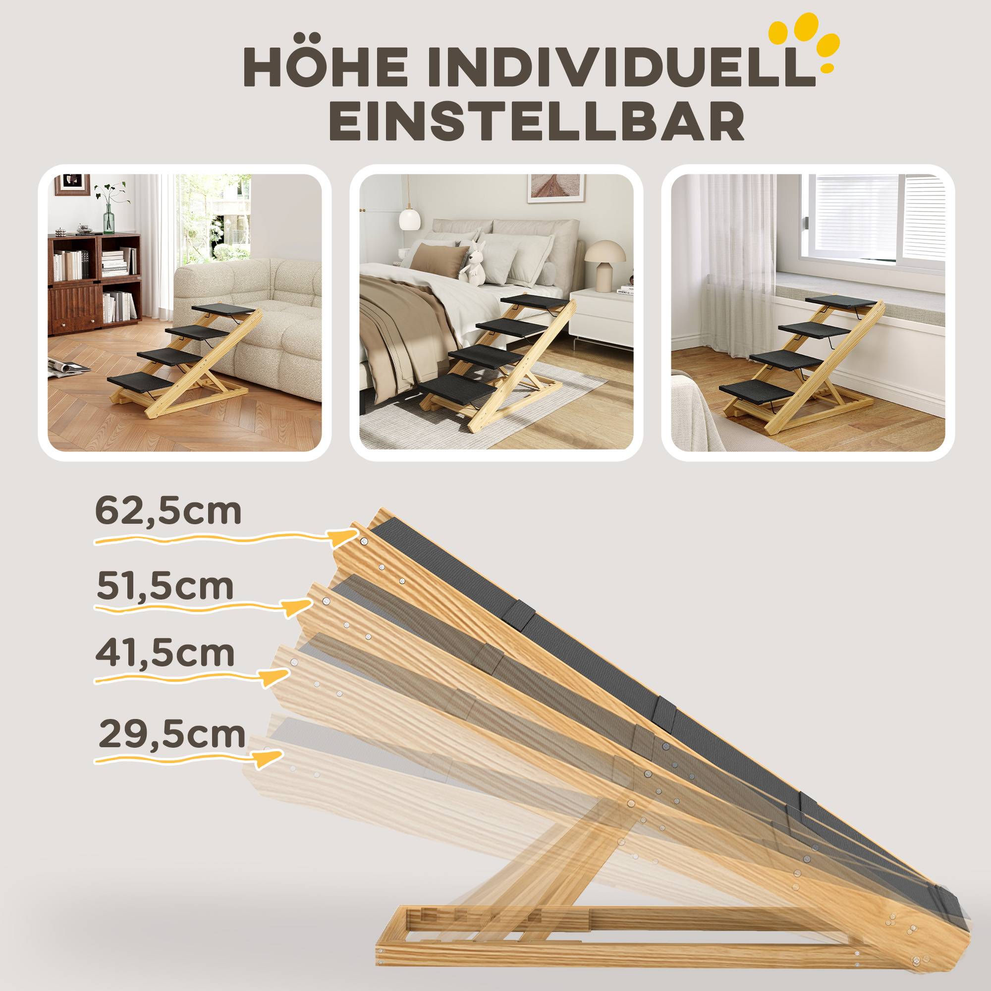 Escalier chien, rampe, réglable en hauteur, antidérapante, pliable, 83x40x62,5cm, bois/blanc - Image 8