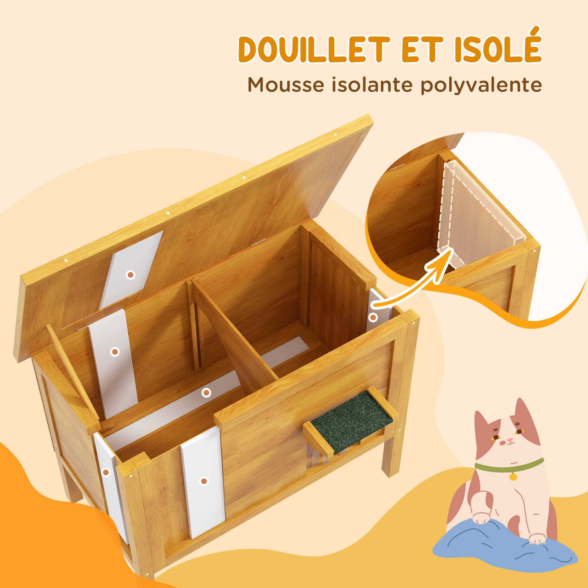 Sans Marque - Maison pour chats niche d'extérieur en bois surrélevée avec toit ouvrable isolée 85 x 50 x 68,5 cm naturel vert - Image 6