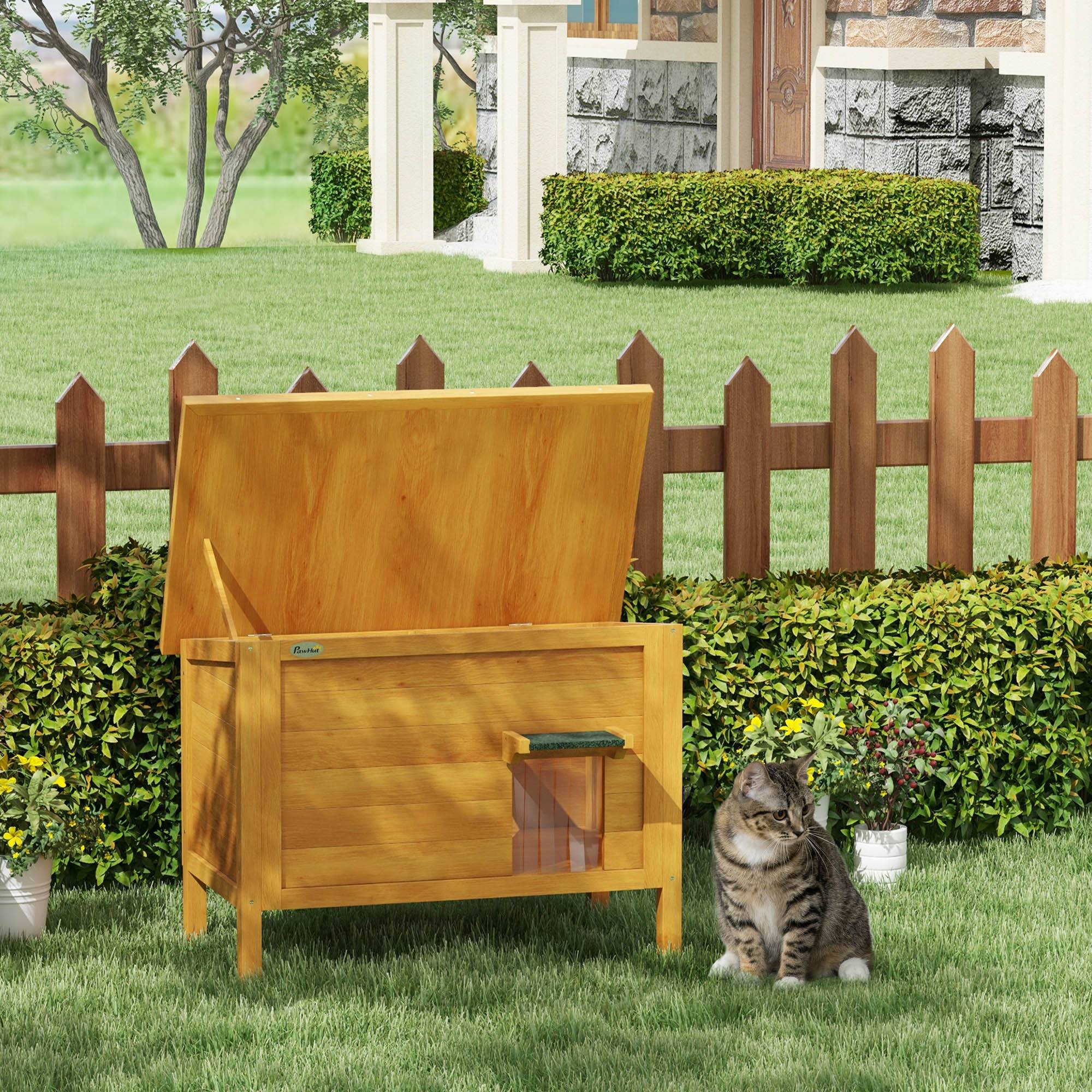 Sans Marque - Maison pour chats niche d'extérieur en bois surrélevée avec toit ouvrable isolée 85 x 50 x 68,5 cm naturel vert - Image 3