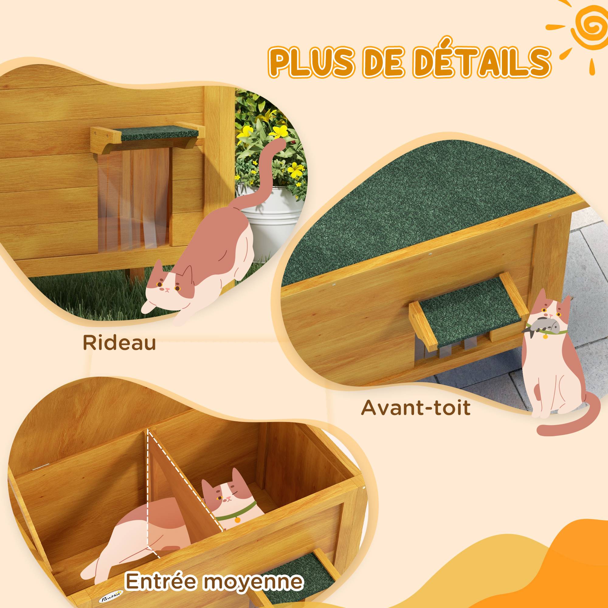 Sans Marque - Maison pour chats niche d'extérieur en bois surrélevée avec toit ouvrable isolée 85 x 50 x 68,5 cm naturel vert - Image 9