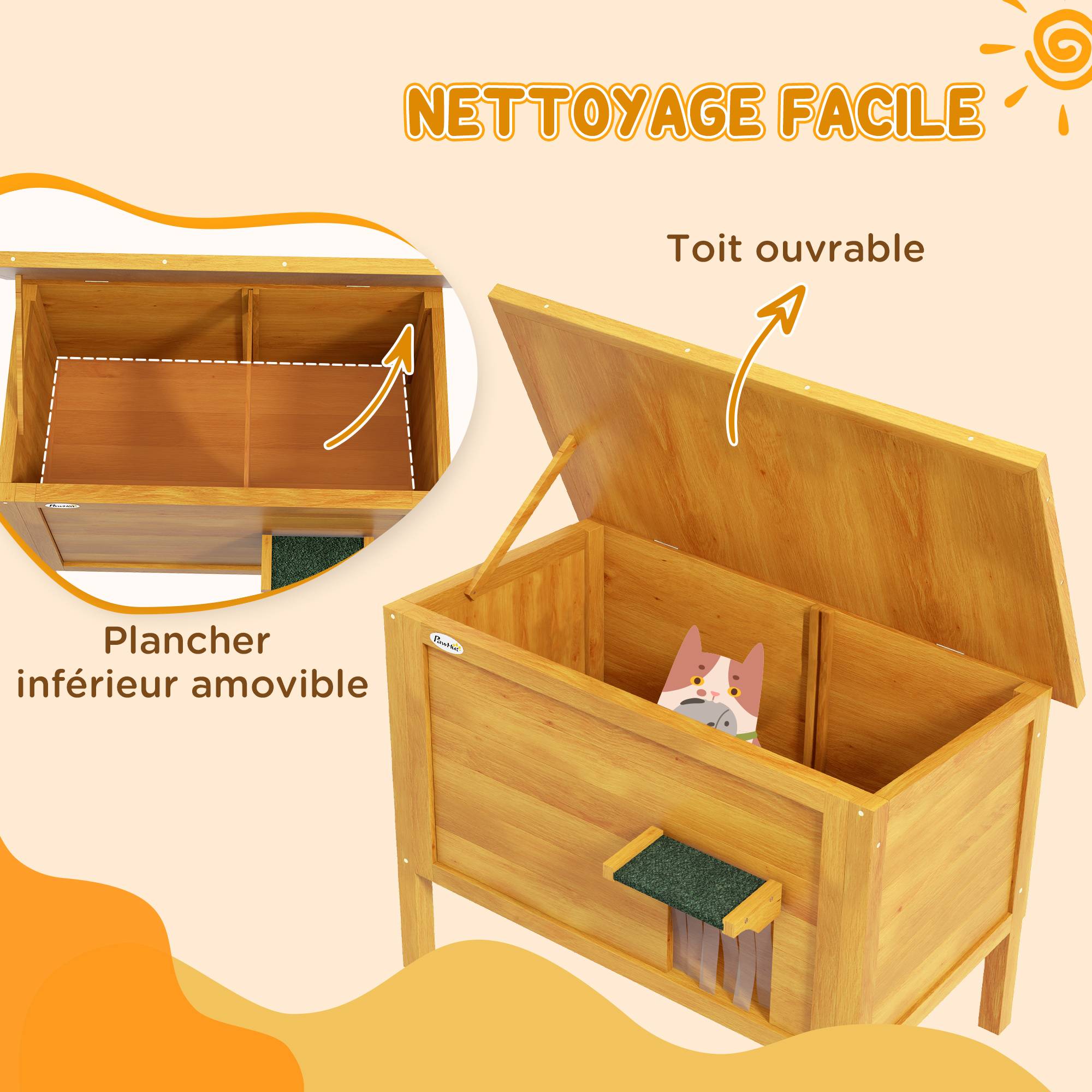 Sans Marque - Maison pour chats niche d'extérieur en bois surrélevée avec toit ouvrable isolée 85 x 50 x 68,5 cm naturel vert - Image 7