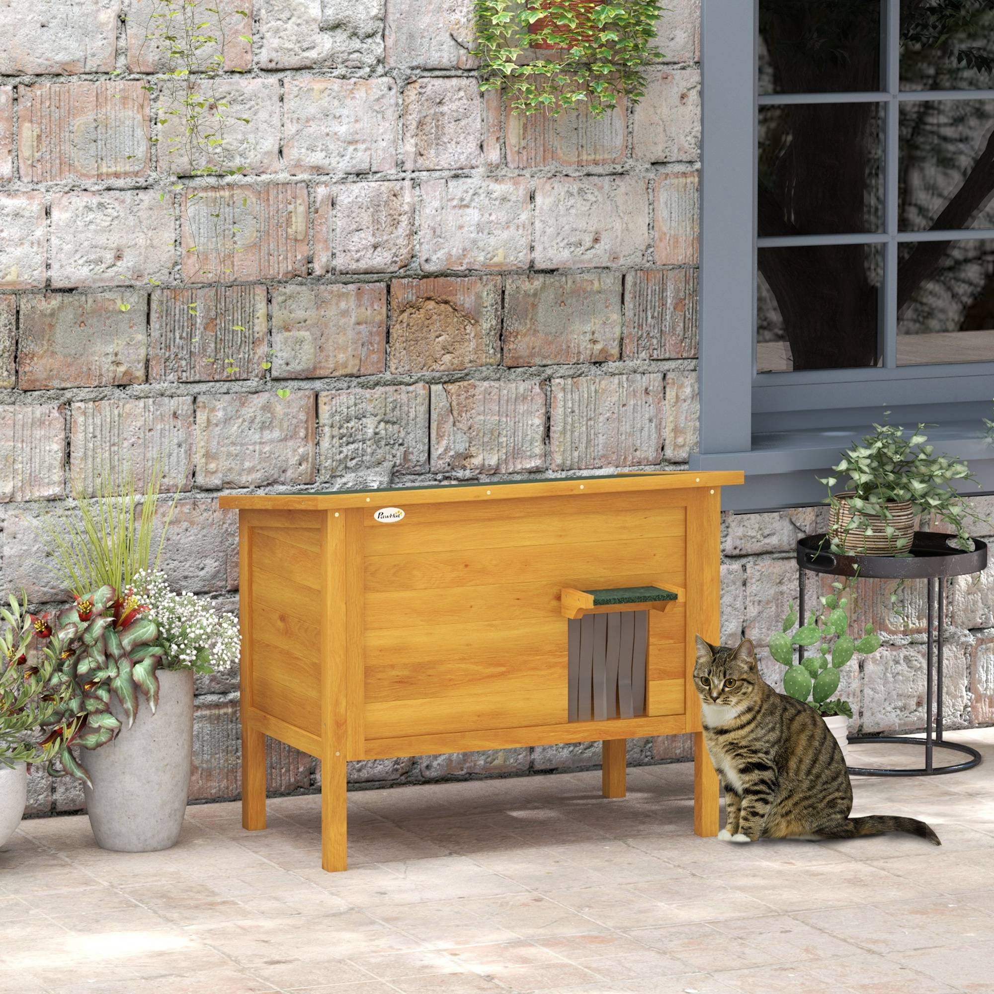 Sans Marque - Maison pour chats niche d'extérieur en bois surrélevée avec toit ouvrable isolée 85 x 50 x 68,5 cm naturel vert - Image 4