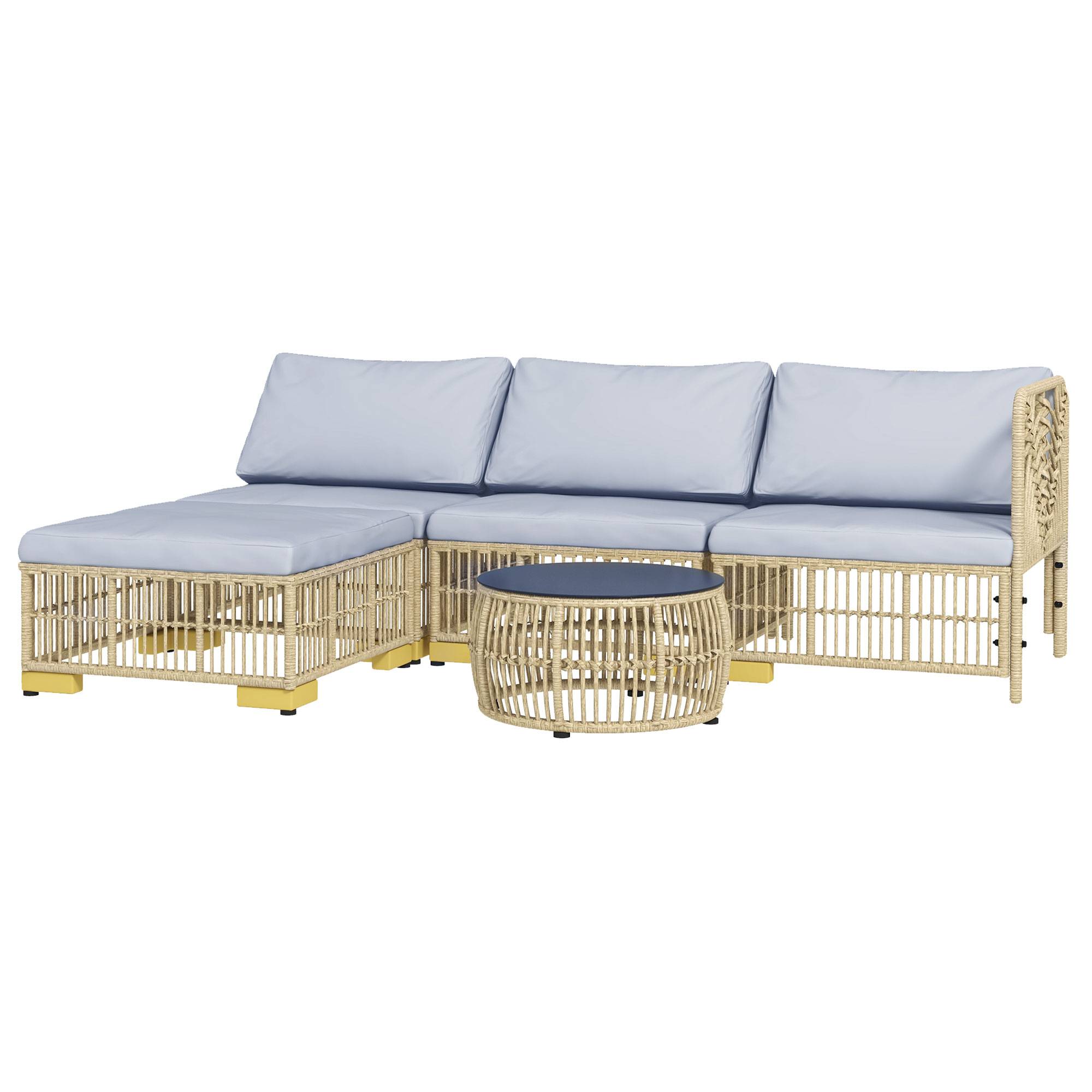 ComfortXL - Salon de jardin 5 pièces en résine tressée beige gris 4 places avec coussins table ronde pour terrasse - Image 2
