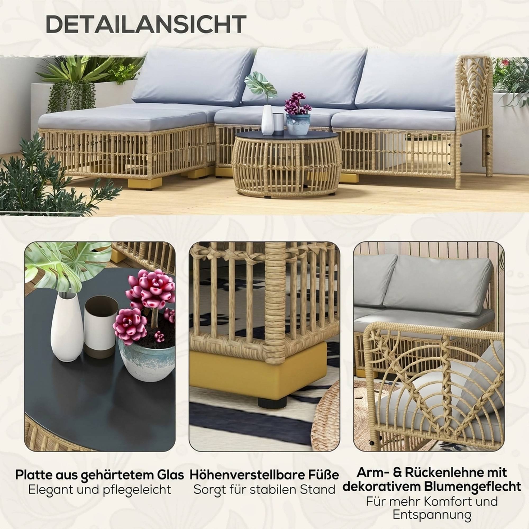 ComfortXL - Salon de jardin 5 pièces en résine tressée beige gris 4 places avec coussins table ronde pour terrasse - Image 7