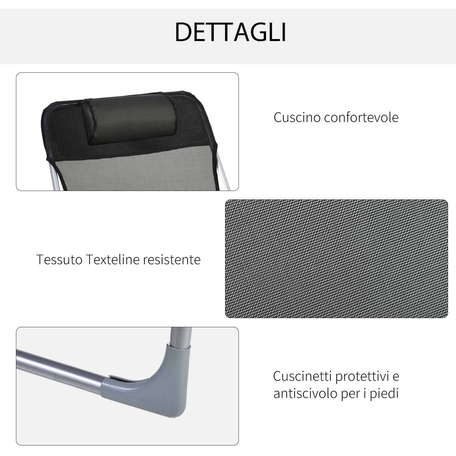 Transat jardin pliable dossier inclinable et coussin, métal et textilène, 182x56x28 cm, noir - Image 8