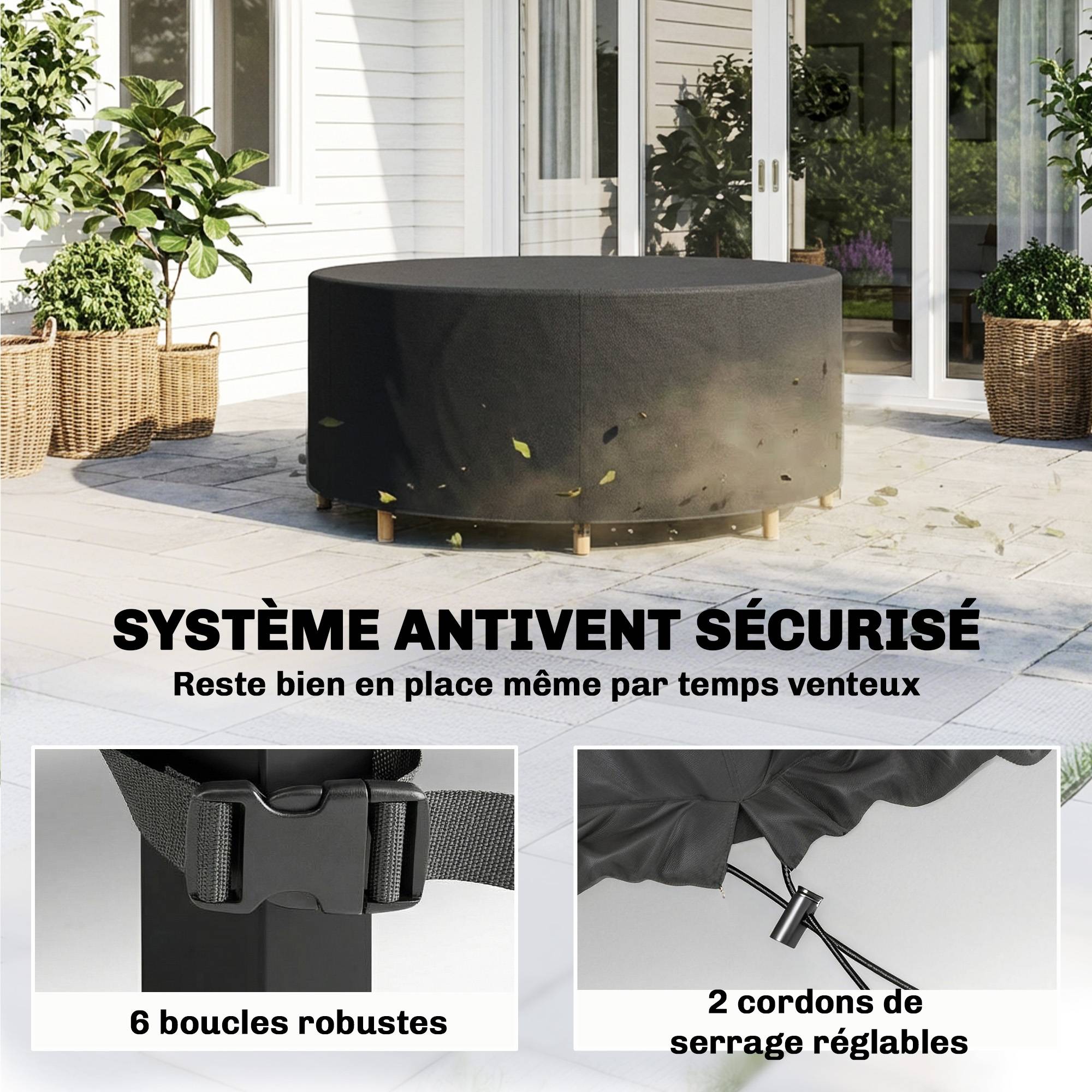 Housse de mobilier de jardin imperméable pour table ronde, tissu Oxford 420D pour jardin extérieur, Ø200 x 80 cm, noir - Image 7
