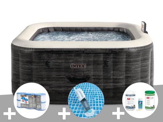 Kit spa gonflable Intex PureSpa Ardoise carré Bulles 6 places + 6 filtres + Aspirateur + Kit de traitement brome