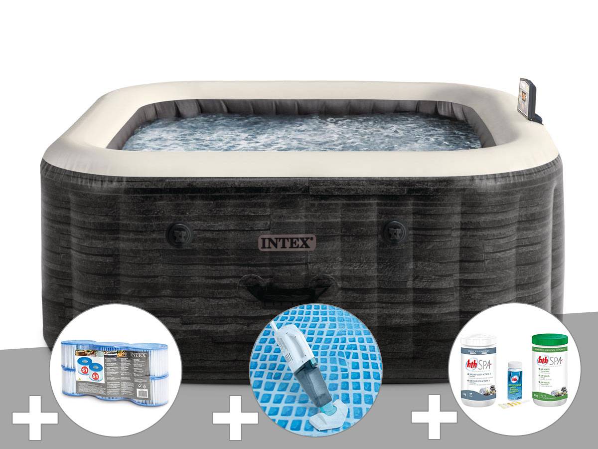 Kit spa gonflable Intex PureSpa Ardoise carré Bulles 6 places + 6 filtres + Aspirateur + Kit de traitement brome