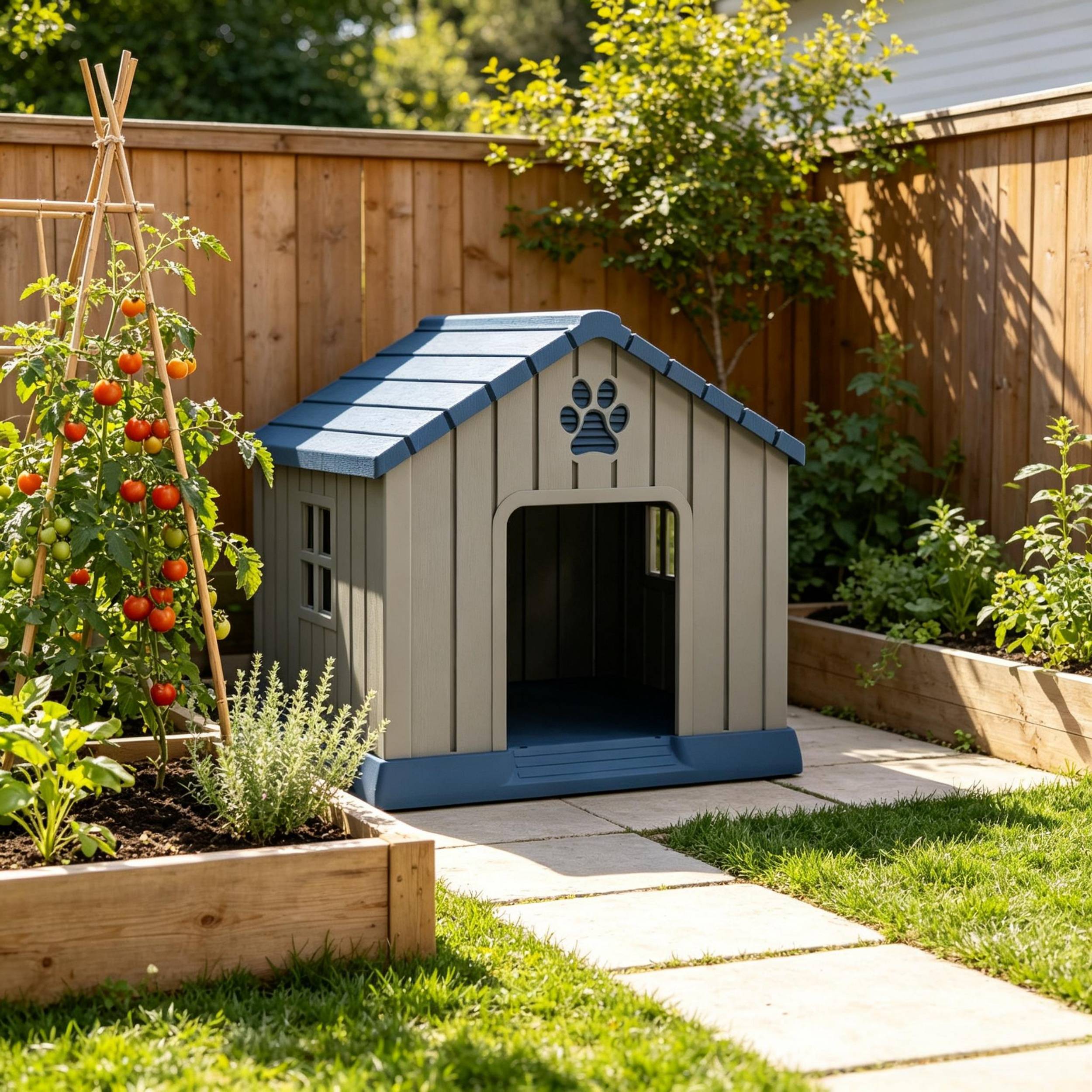 ComfortXL - Niche pour chien en plastique 85 x 79 x 82 cm bleu gris extérieur surélevée ventilée résistante pour jardin - Image 2