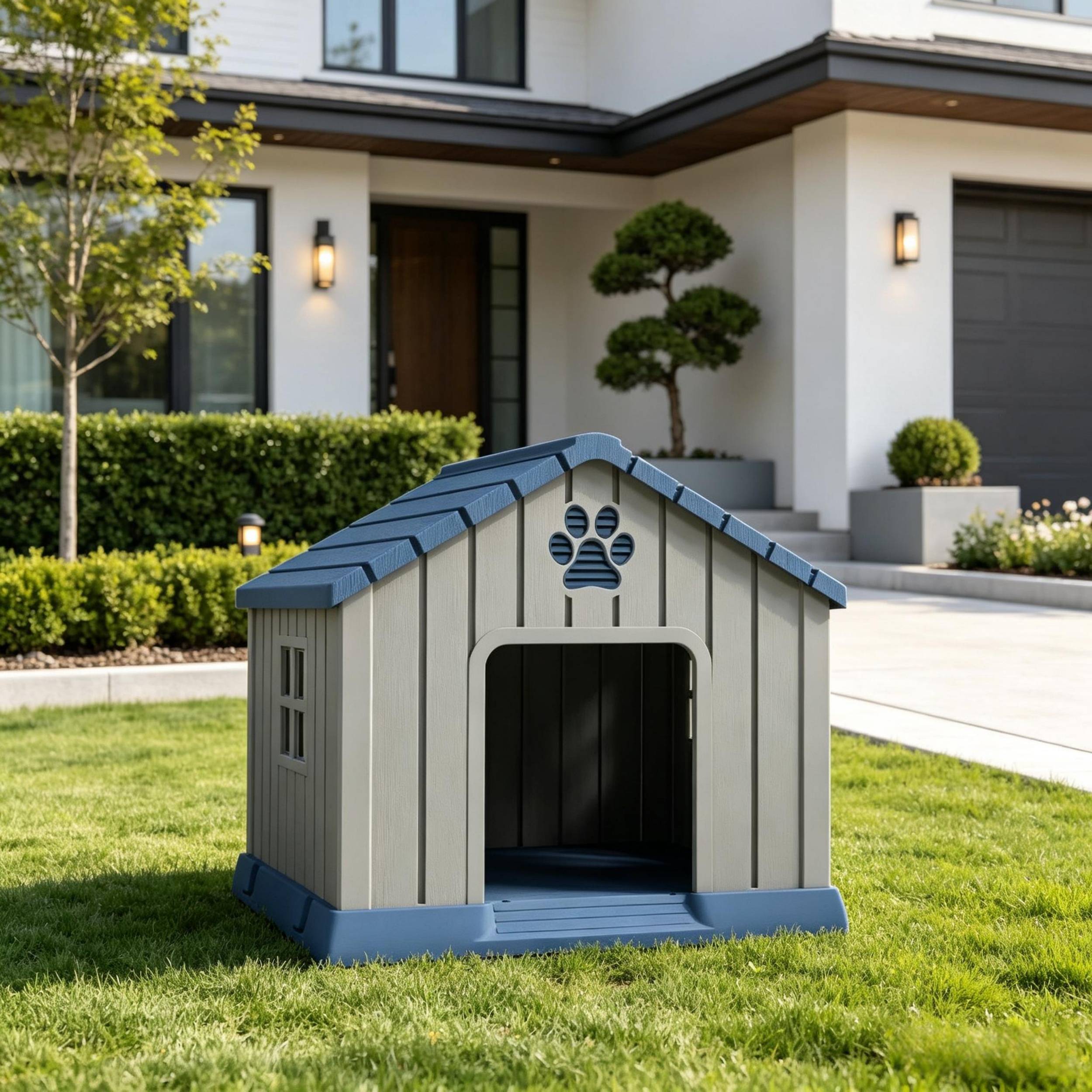 ComfortXL - Niche pour chien en plastique 85 x 79 x 82 cm bleu gris extérieur surélevée ventilée résistante pour jardin - Image 4