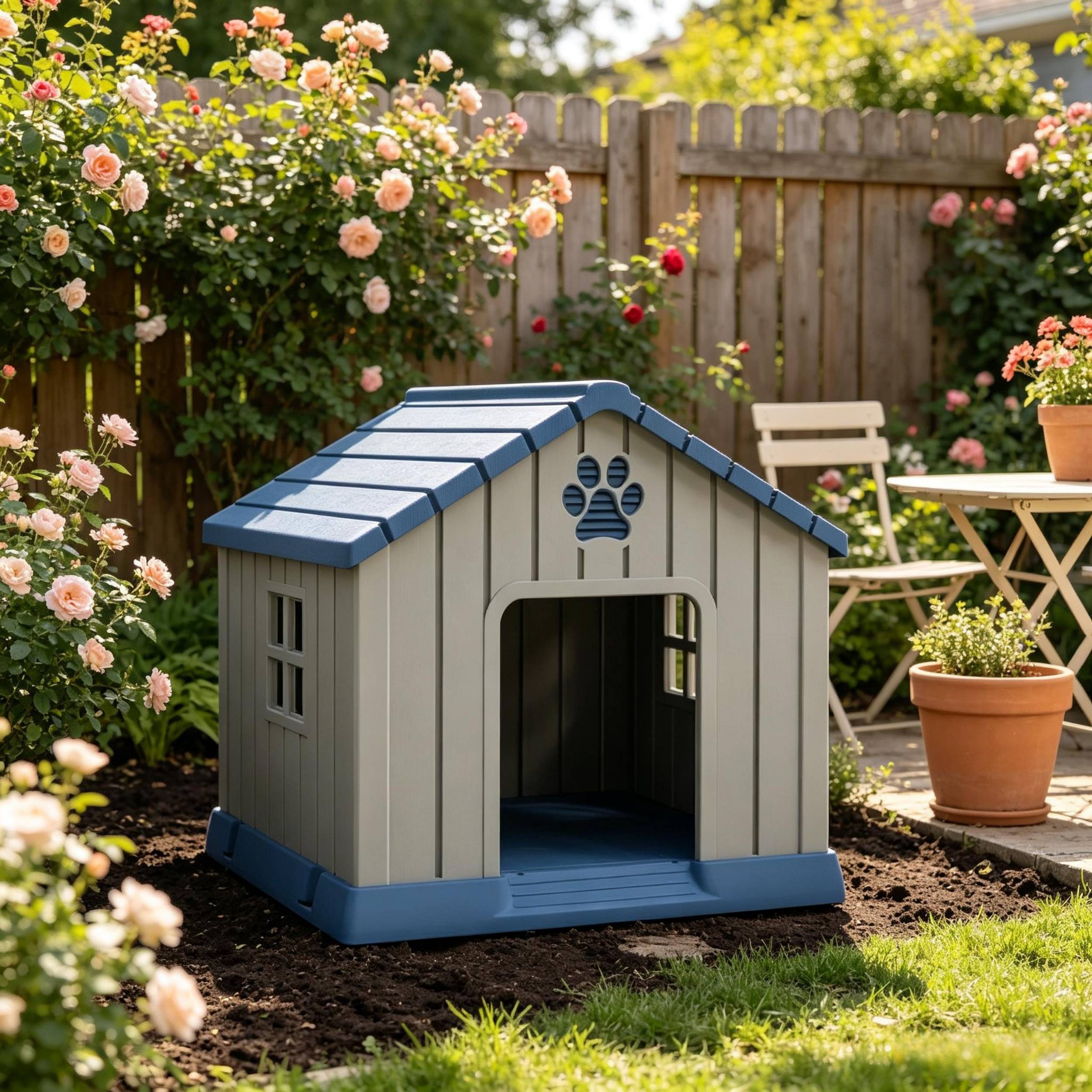 ComfortXL - Niche pour chien en plastique 85 x 79 x 82 cm bleu gris extérieur surélevée ventilée résistante pour jardin - Image 1