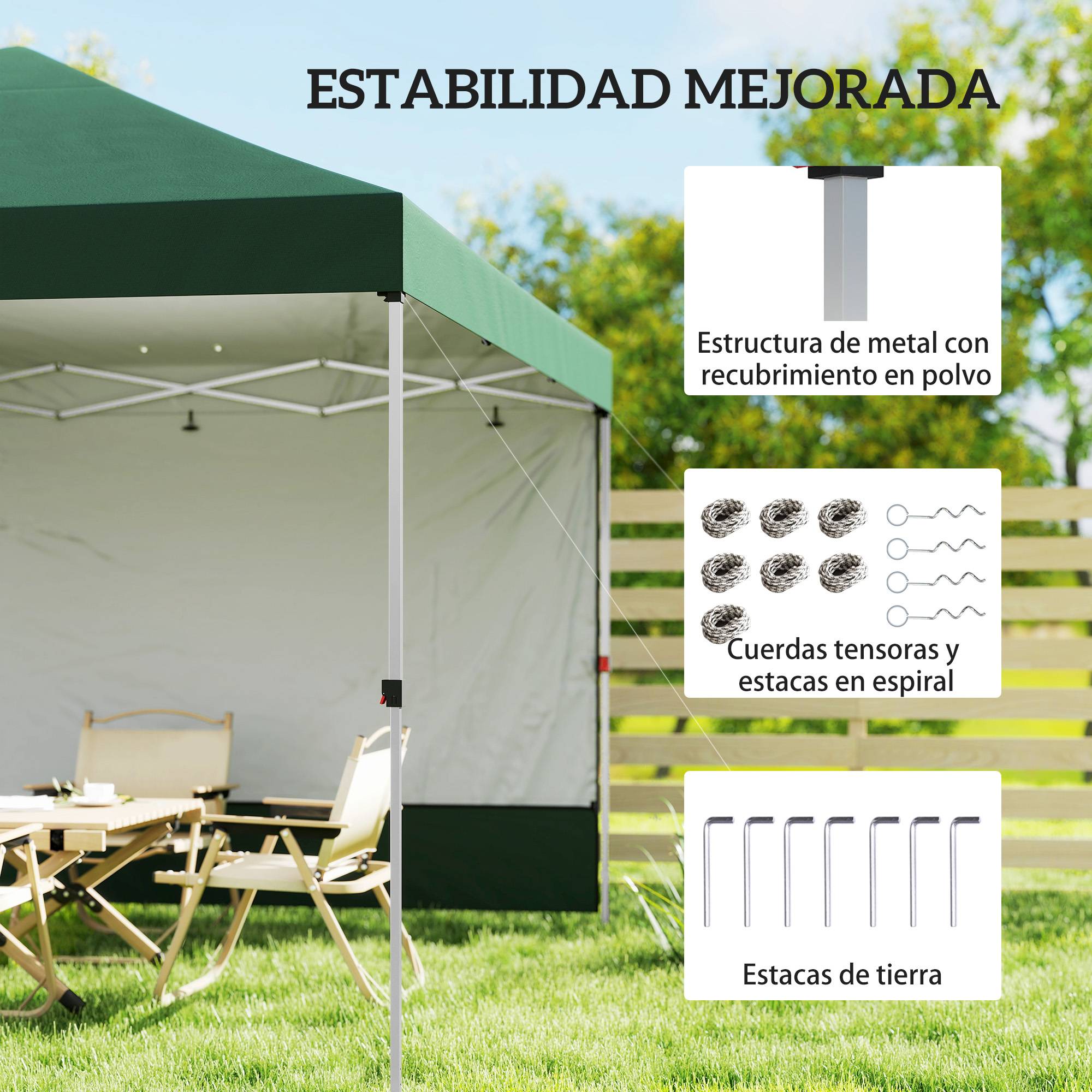 Tente pliante pop-up 3x3m avec paroi latérale, protection UPF50+, hauteur réglable, poussoir central, sac de transport, verte - Image 9