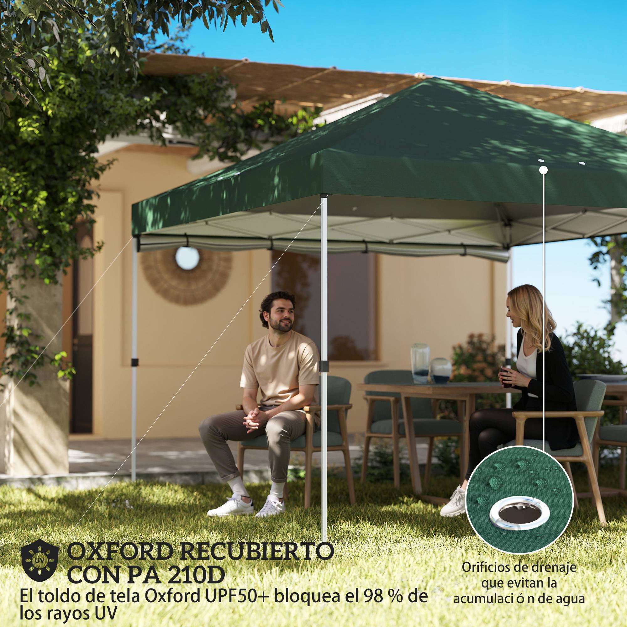 Tente pliante pop-up 3x3m avec paroi latérale, protection UPF50+, hauteur réglable, poussoir central, sac de transport, verte - Image 7