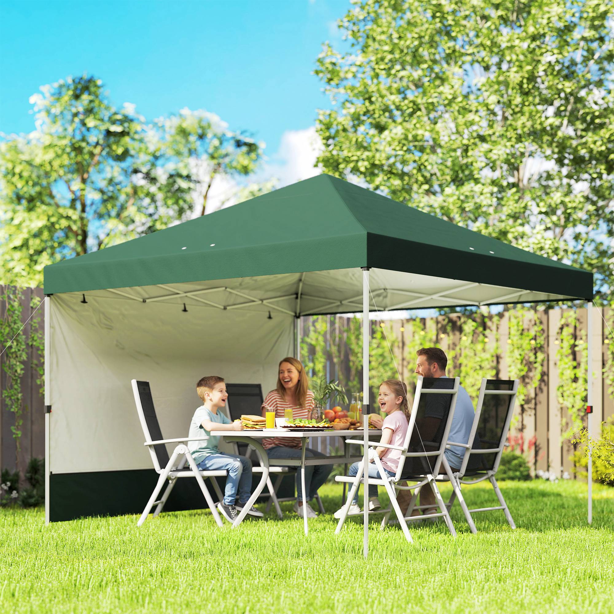Tente pliante pop-up 3x3m avec paroi latérale, protection UPF50+, hauteur réglable, poussoir central, sac de transport, verte - Image 3