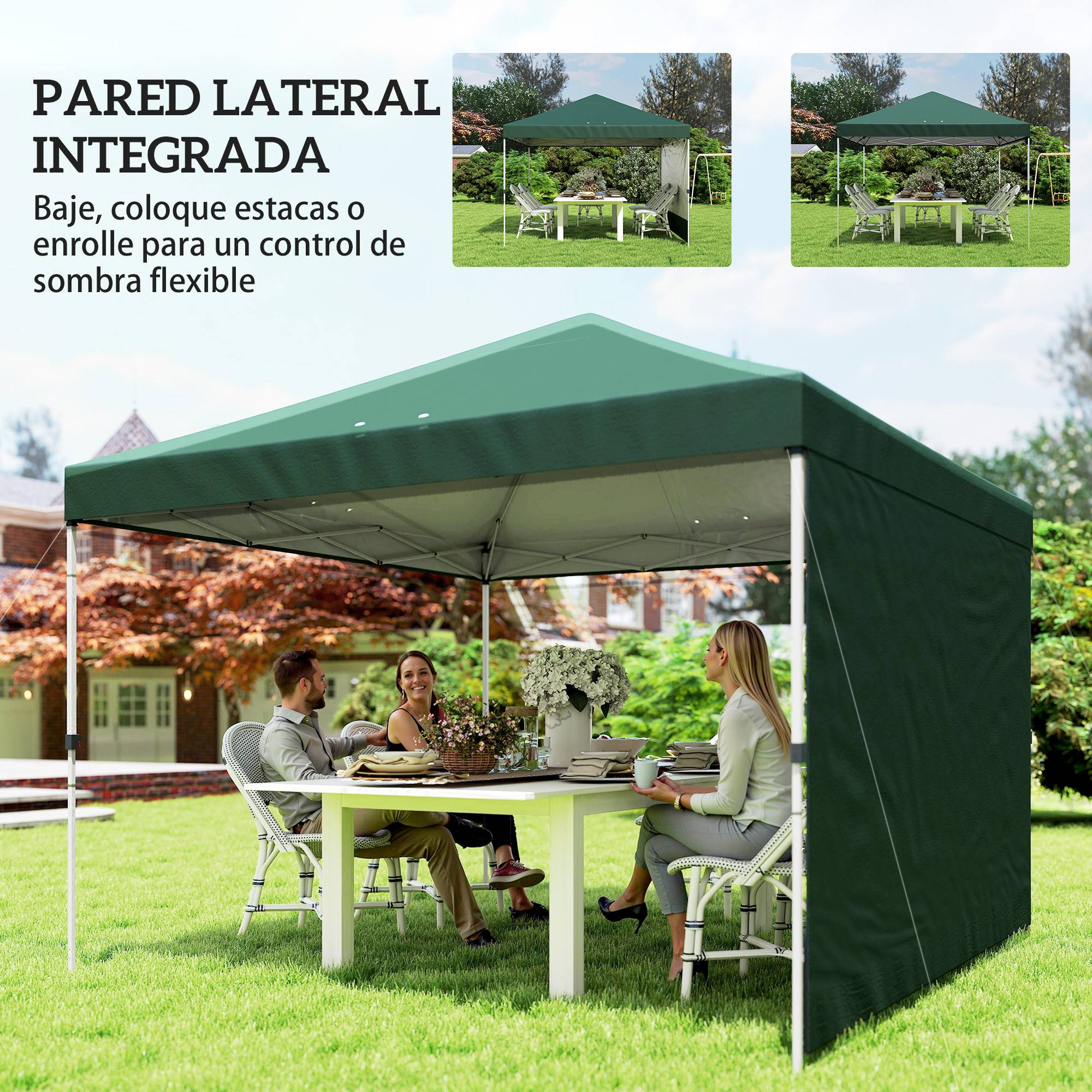 Tente pliante pop-up 3x3m avec paroi latérale, protection UPF50+, hauteur réglable, poussoir central, sac de transport, verte - Image 8