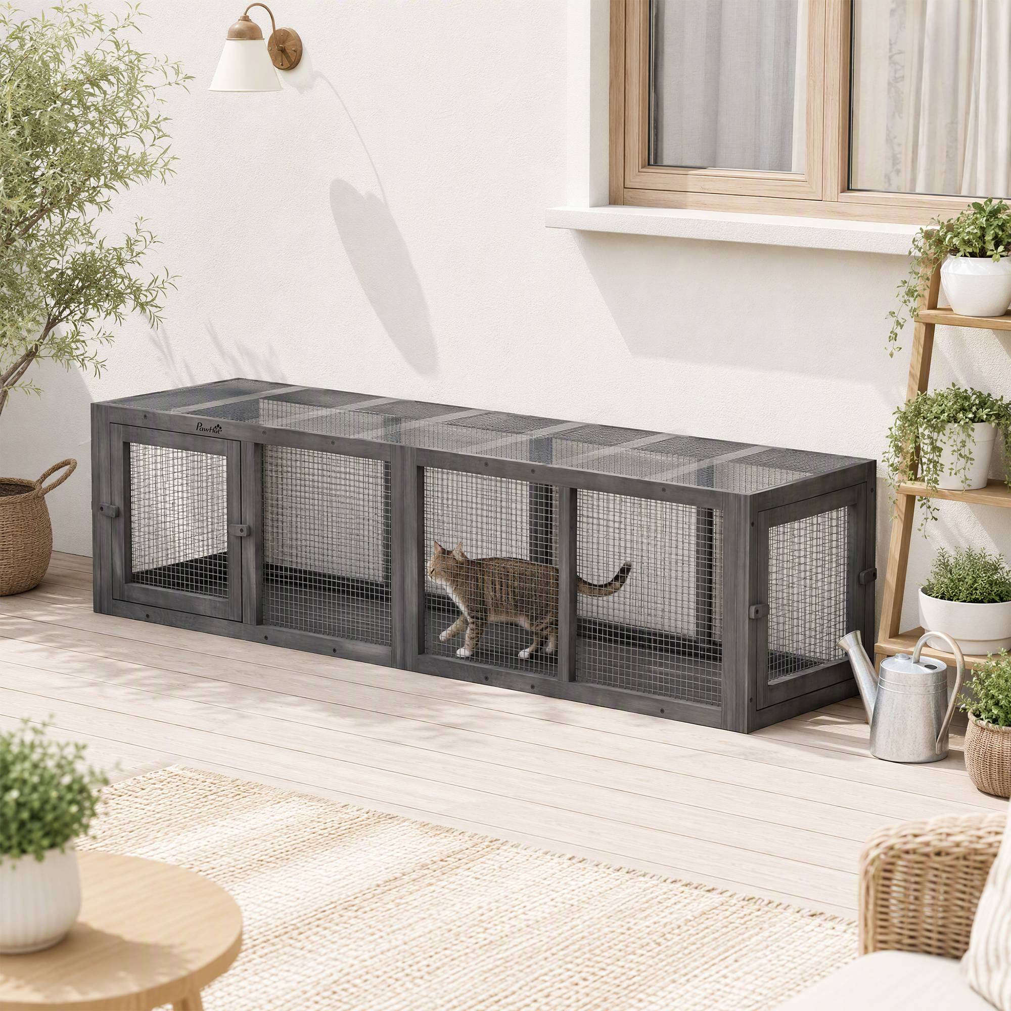 ComfortXL - Tunnel pour chat extérieur en sapin gris 151,5 x 38,5 x 40 cm modulable avec 3 portes pour chats jusqu’à 10 kg - Image 8