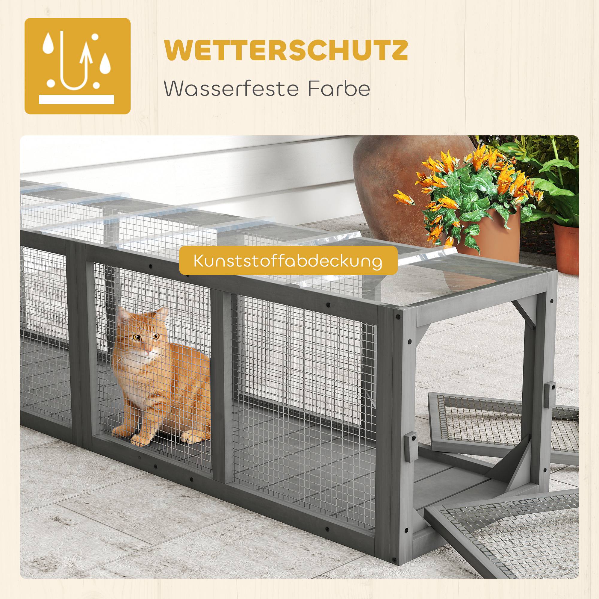 ComfortXL - Tunnel pour chat extérieur en sapin gris 151,5 x 38,5 x 40 cm modulable avec 3 portes pour chats jusqu’à 10 kg - Image 5