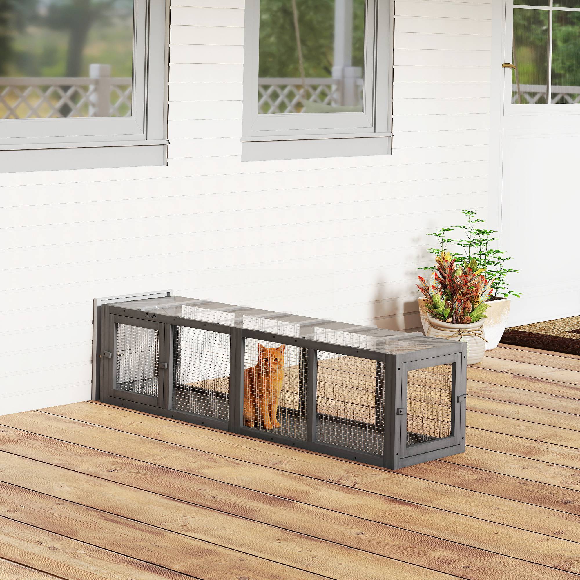 ComfortXL - Tunnel pour chat extérieur en sapin gris 151,5 x 38,5 x 40 cm modulable avec 3 portes pour chats jusqu’à 10 kg - Image 1