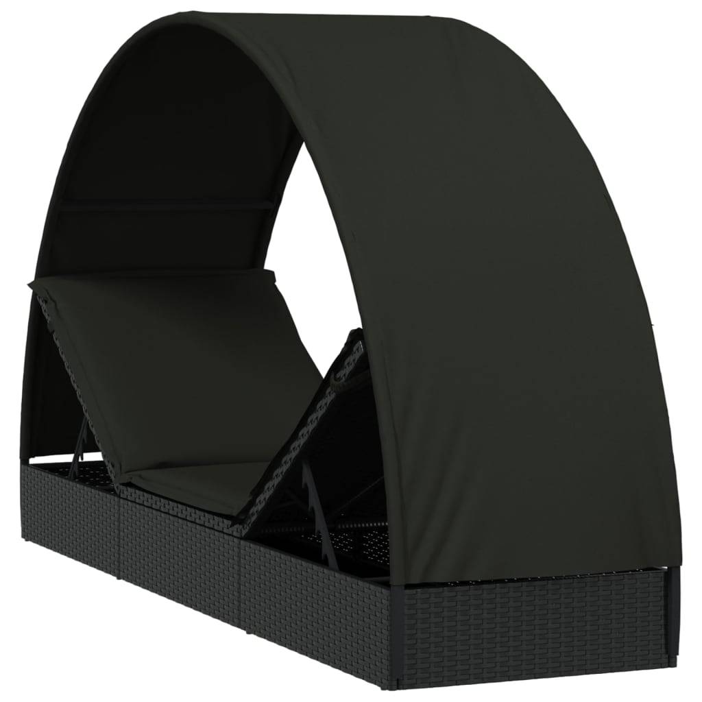 Helloshop26 - Transat chaise longue bain de soleil lit de jardin terrasse meuble d'extérieur avec toit rond noir 211x57x140 cm résine tressée - Image 6