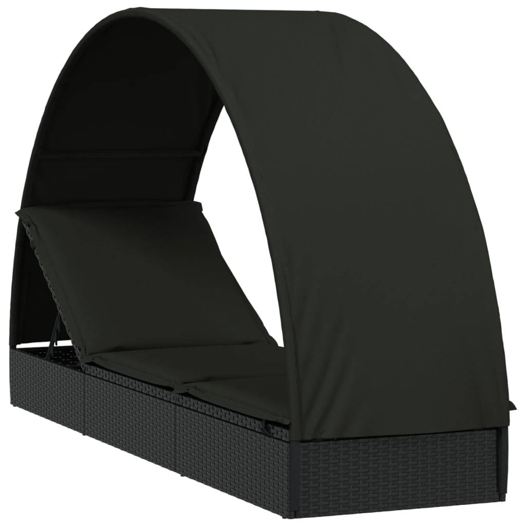Helloshop26 - Transat chaise longue bain de soleil lit de jardin terrasse meuble d'extérieur avec toit rond noir 211x57x140 cm résine tressée - Image 1