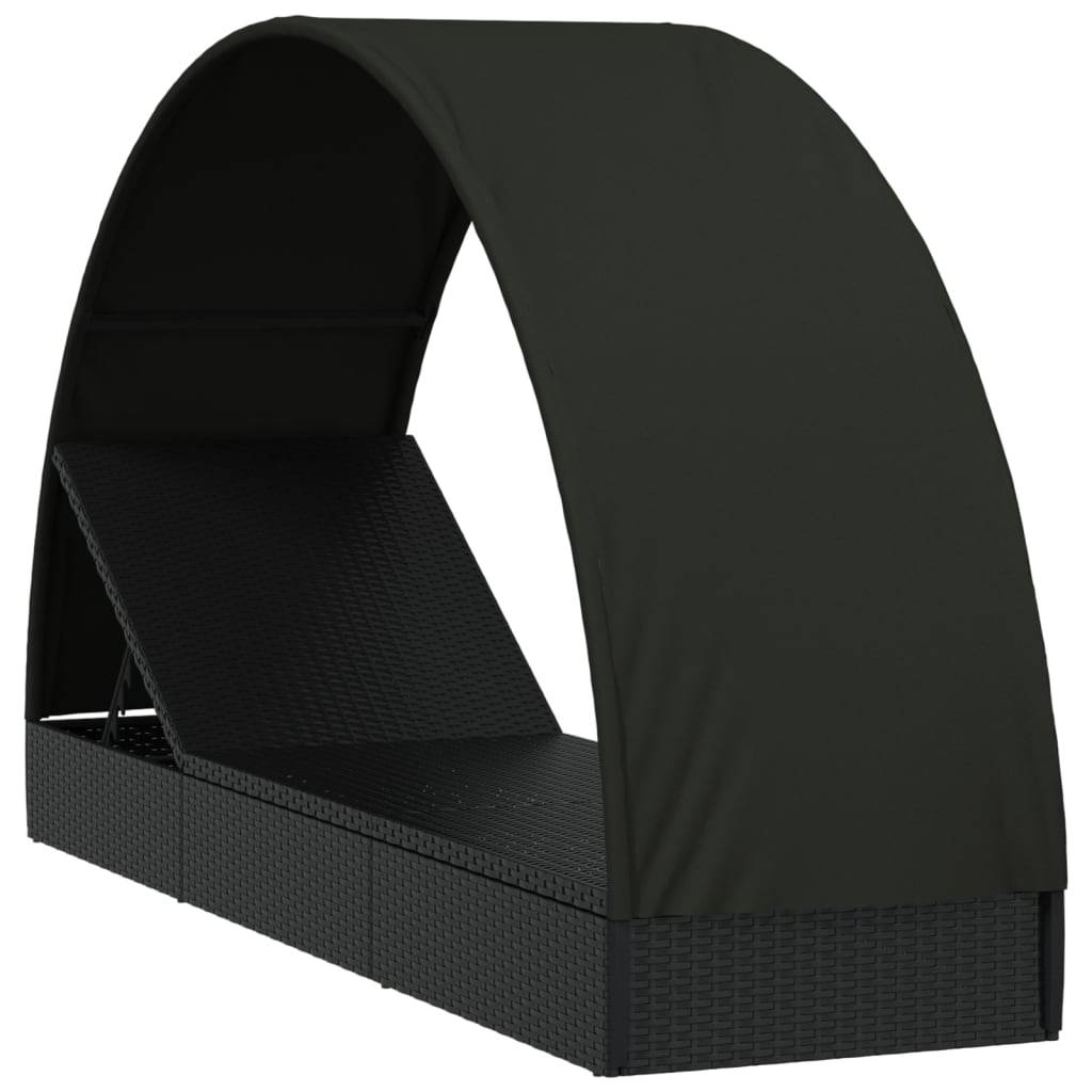 Helloshop26 - Transat chaise longue bain de soleil lit de jardin terrasse meuble d'extérieur avec toit rond noir 211x57x140 cm résine tressée - Image 2