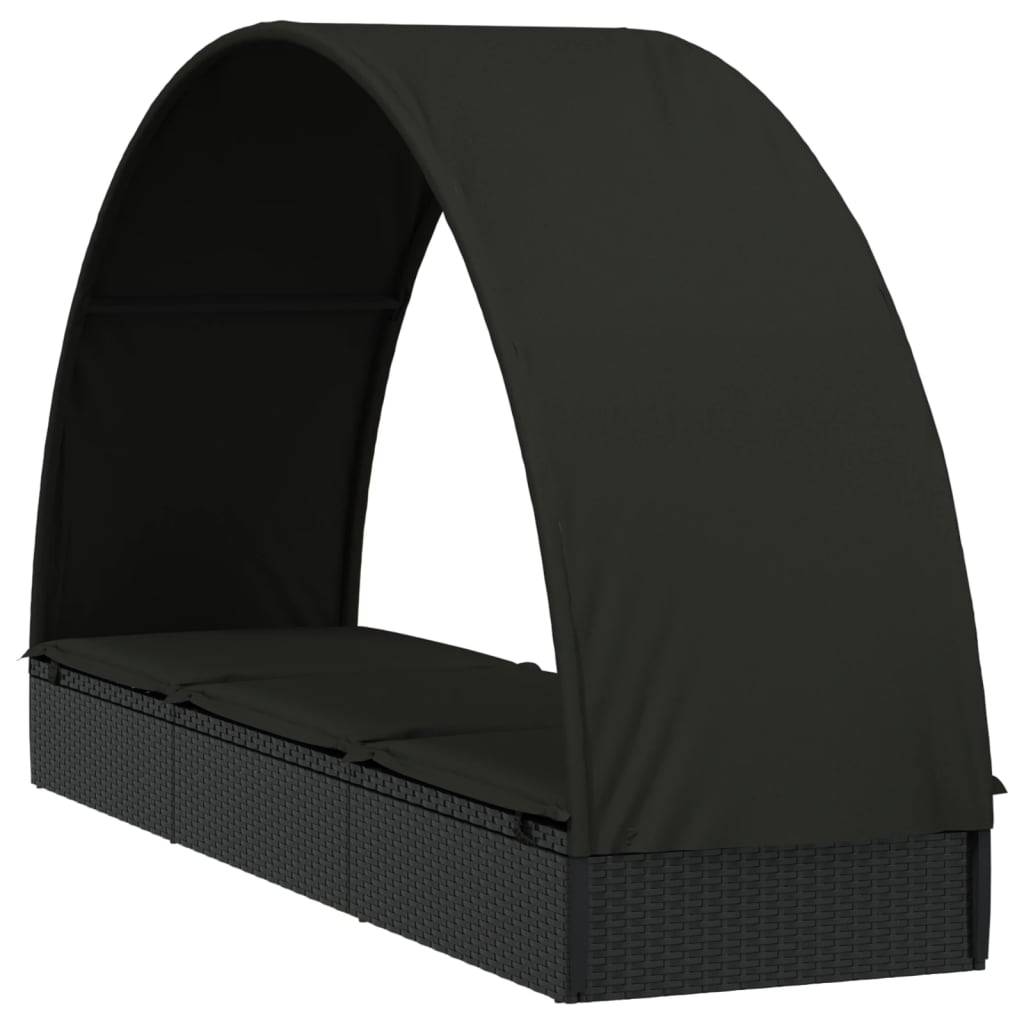 Helloshop26 - Transat chaise longue bain de soleil lit de jardin terrasse meuble d'extérieur avec toit rond noir 211x57x140 cm résine tressée - Image 3