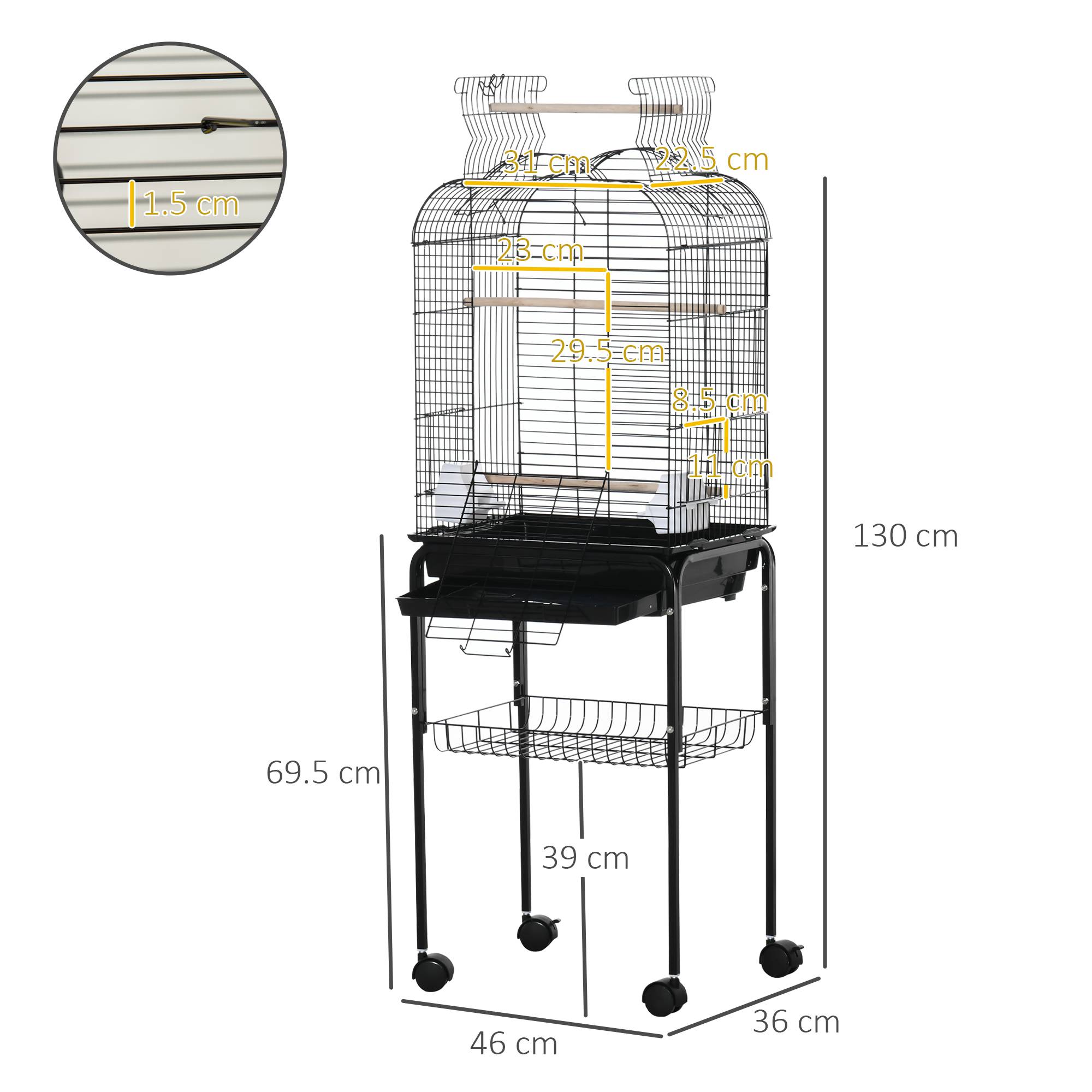 ComfortXL - Cage à oiseaux acier noir 46 x 36 x 130 cm sur support roulant avec perchoir ouvrant - ComfortXL Outdoor Living - Image 5